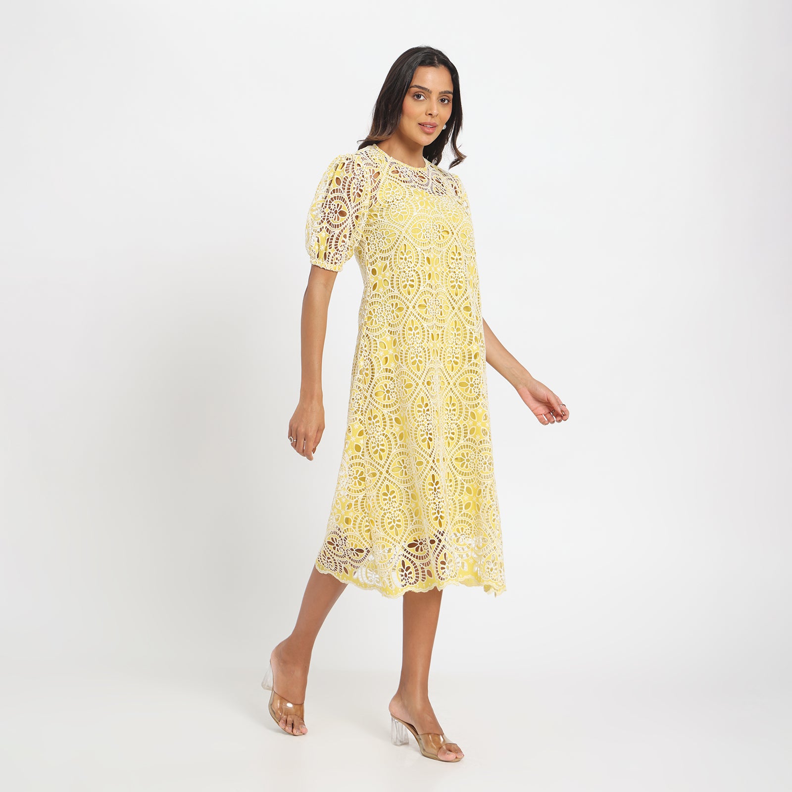 Pale yellow cutwork dress