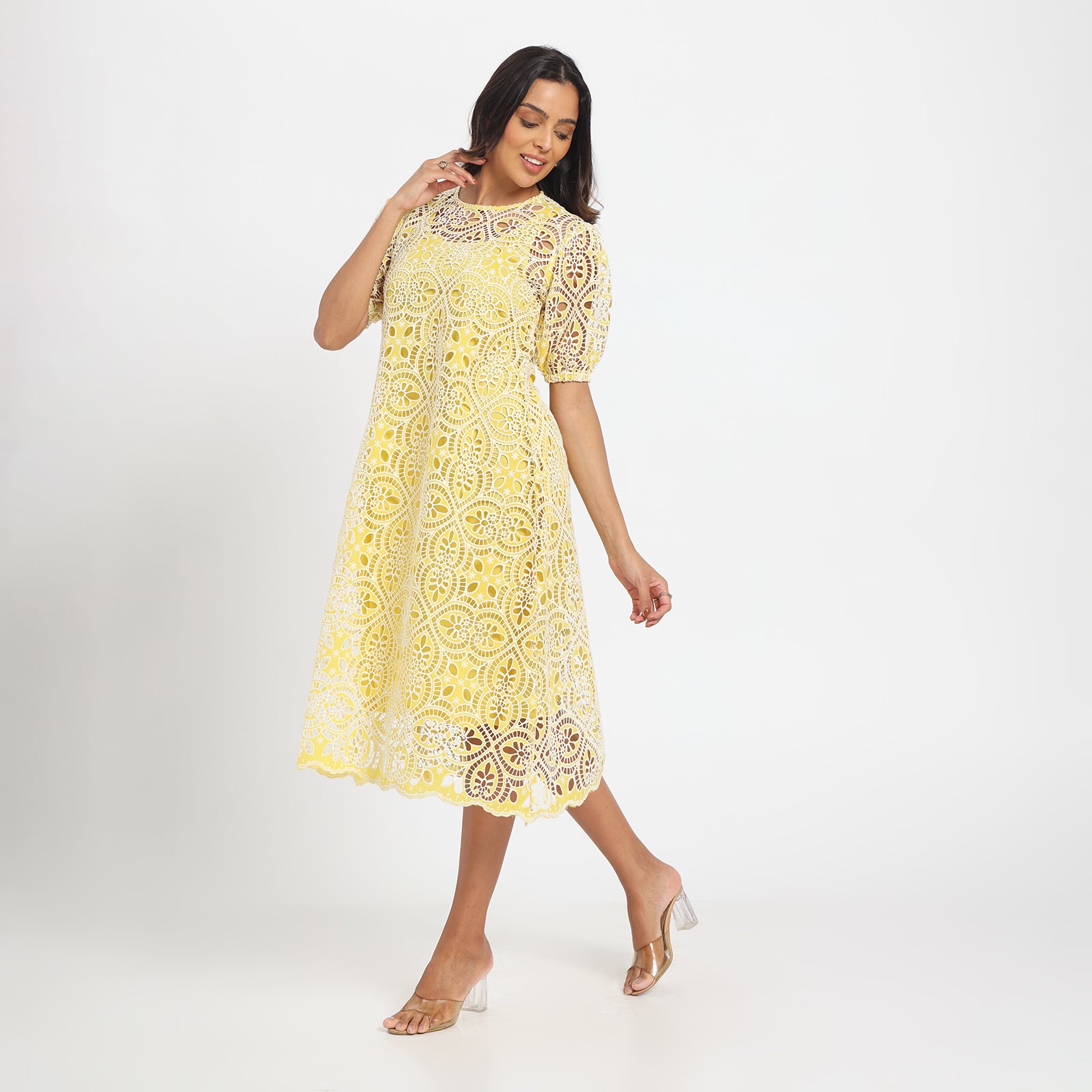 Pale yellow cutwork dress