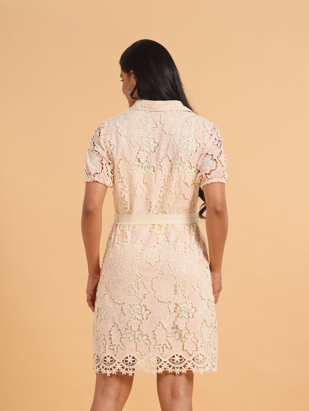 Pink floral lace shirt dress
