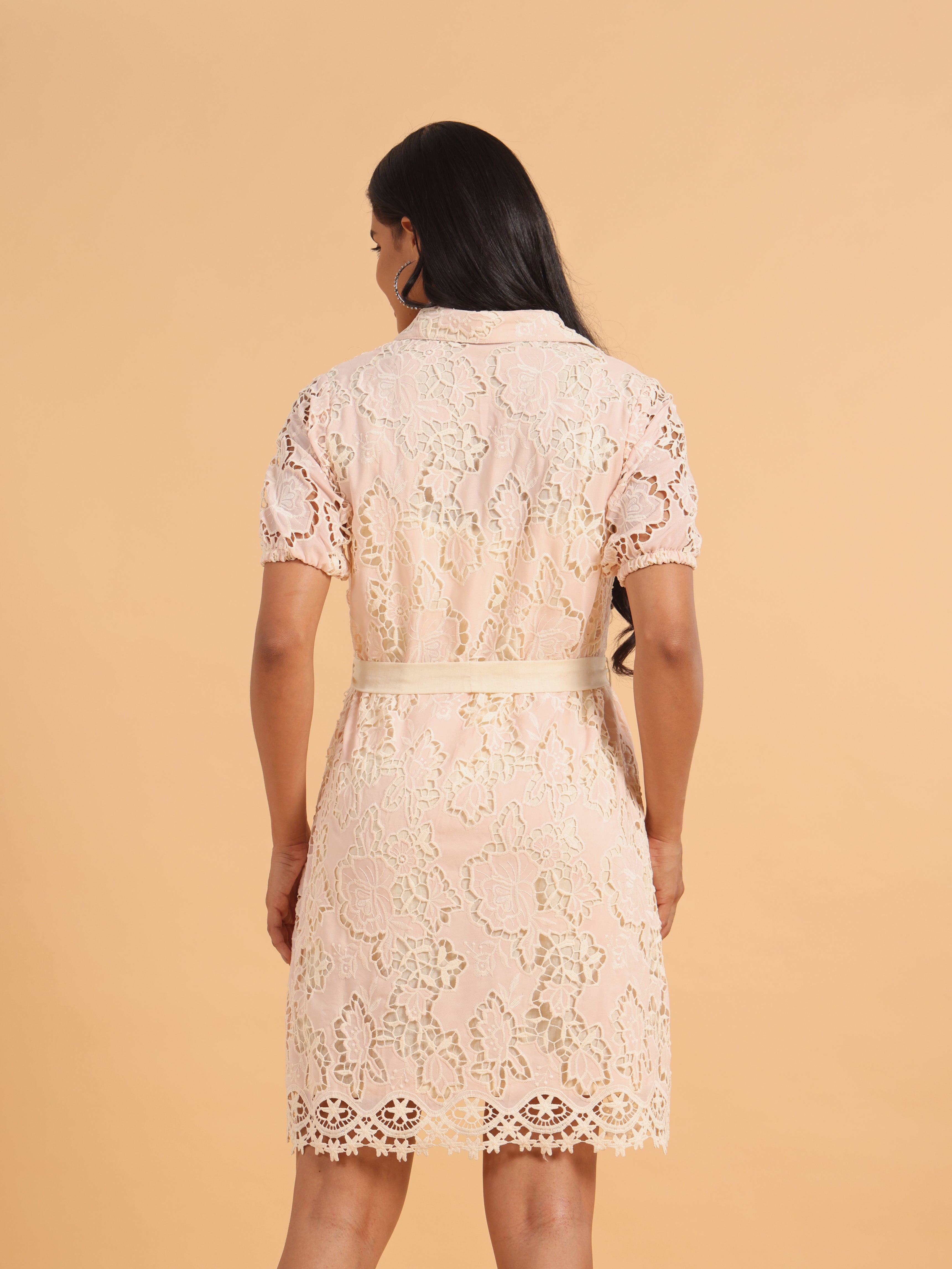 Pink floral lace shirt dress