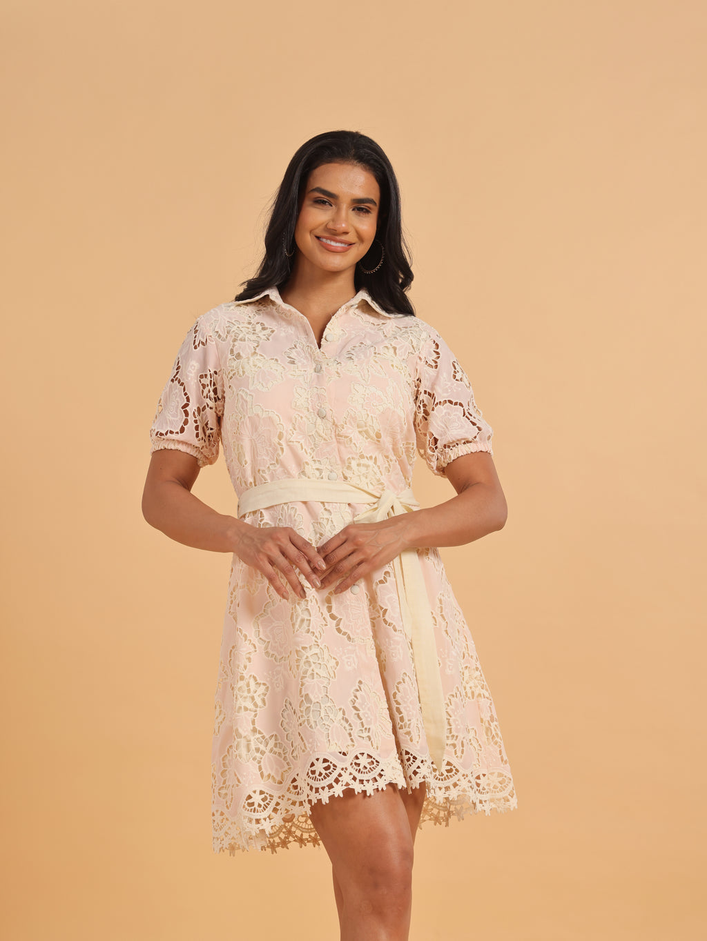 Pink floral lace shirt dress