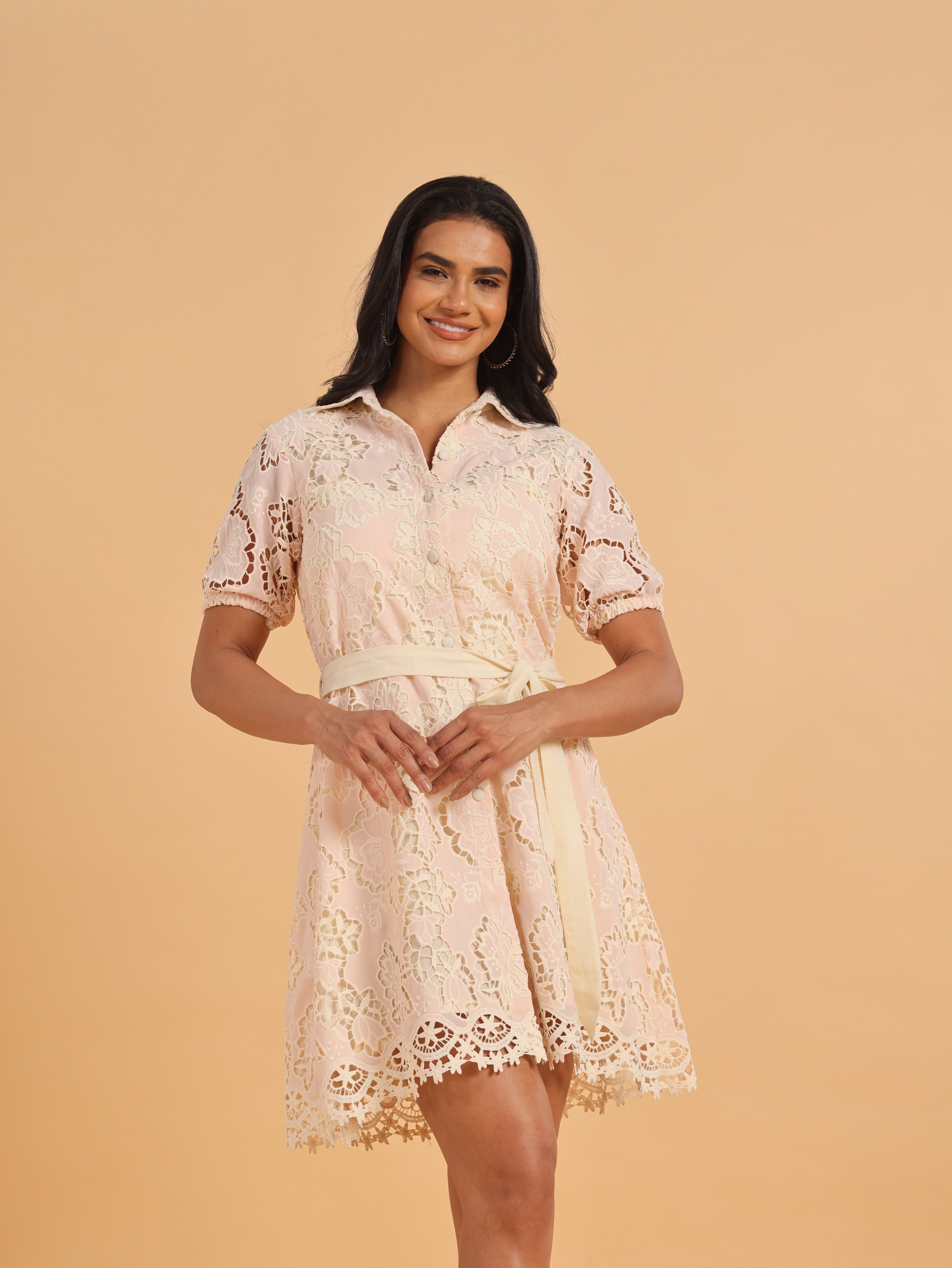 Pink floral lace shirt dress