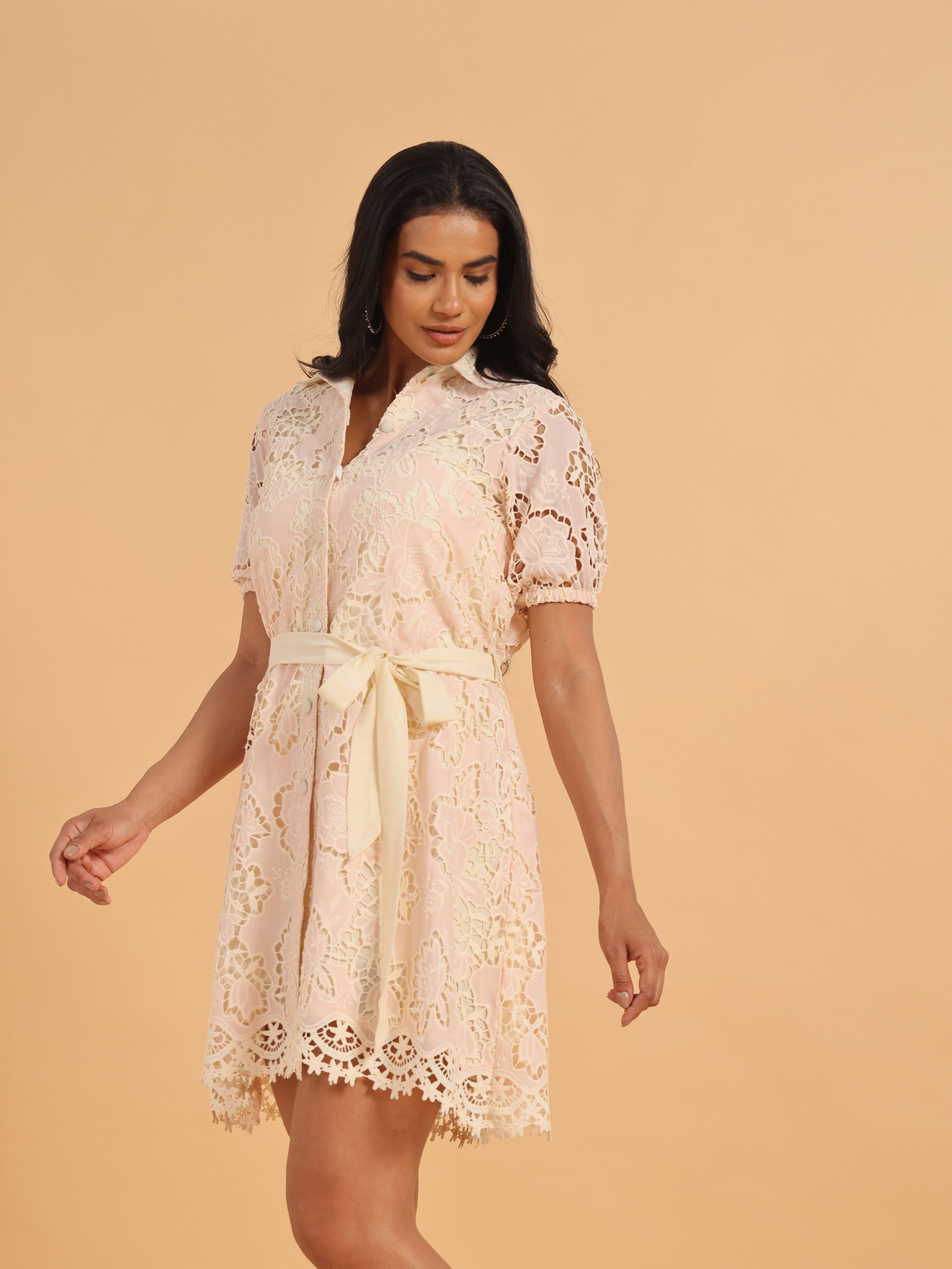 Pink floral lace shirt dress