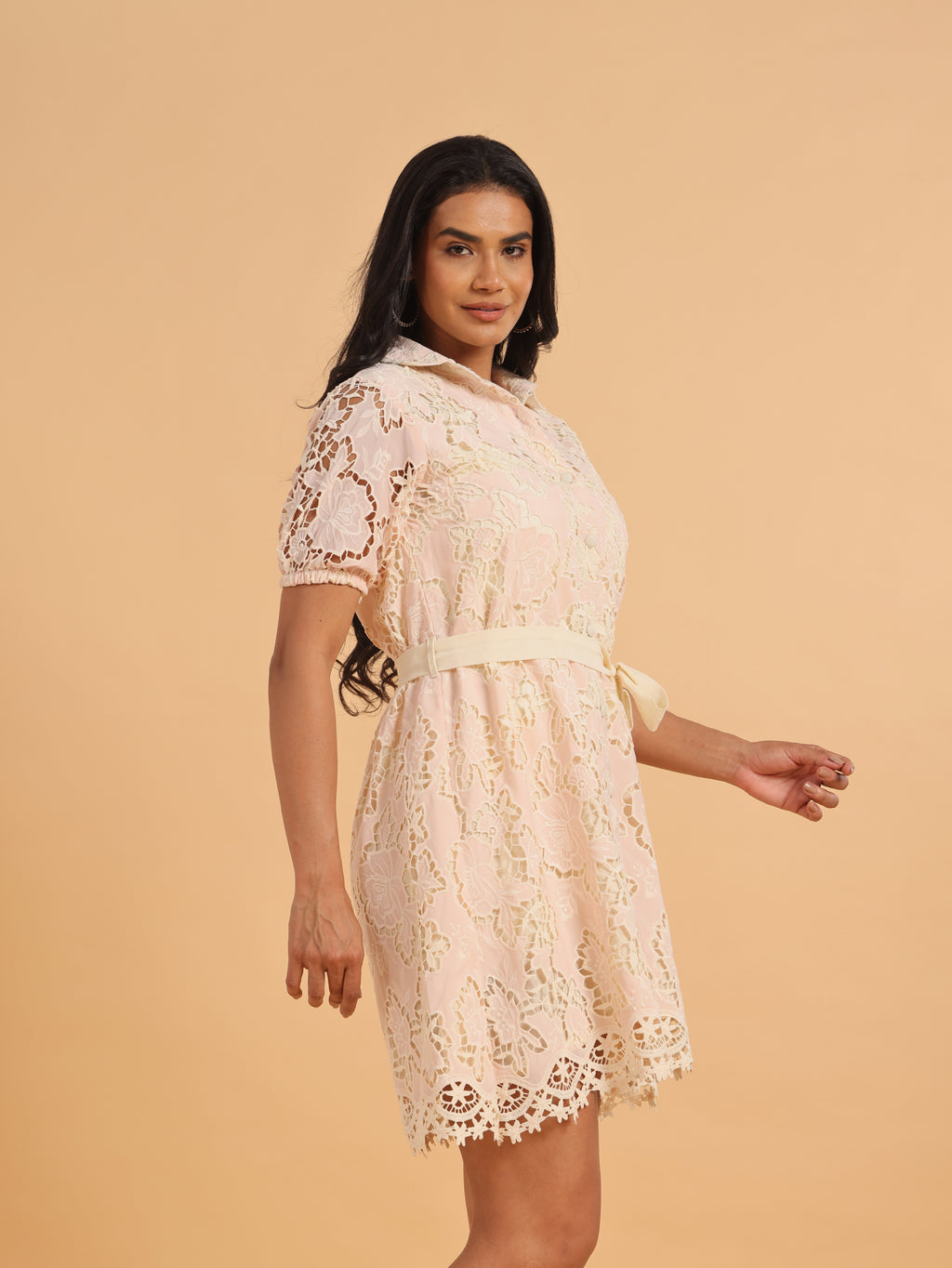 Pink floral lace shirt dress