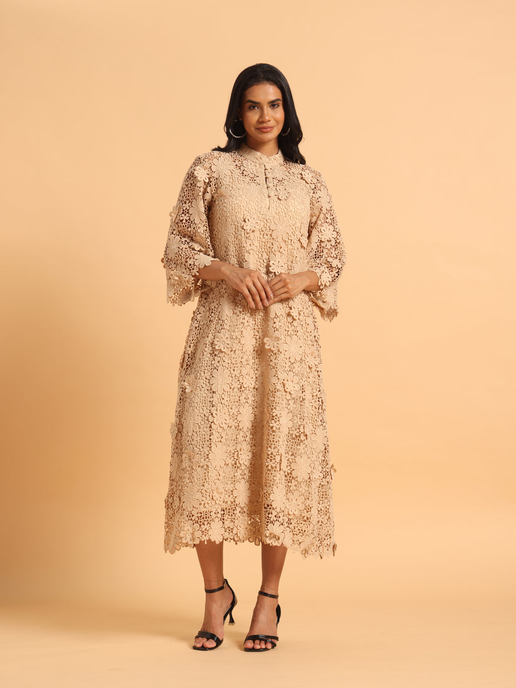 Beige 3D schiffli dress