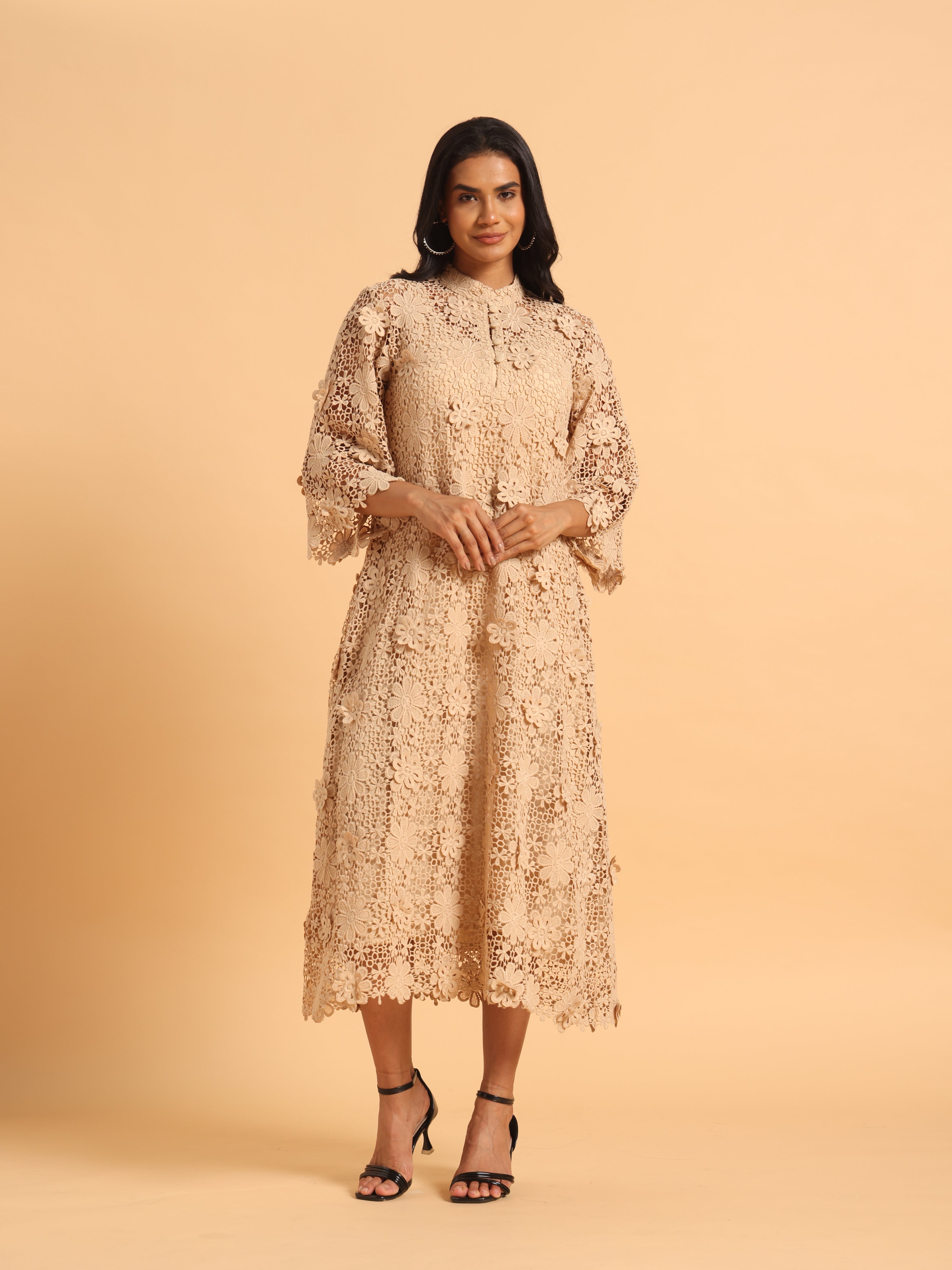 Beige 3D schiffli dress
