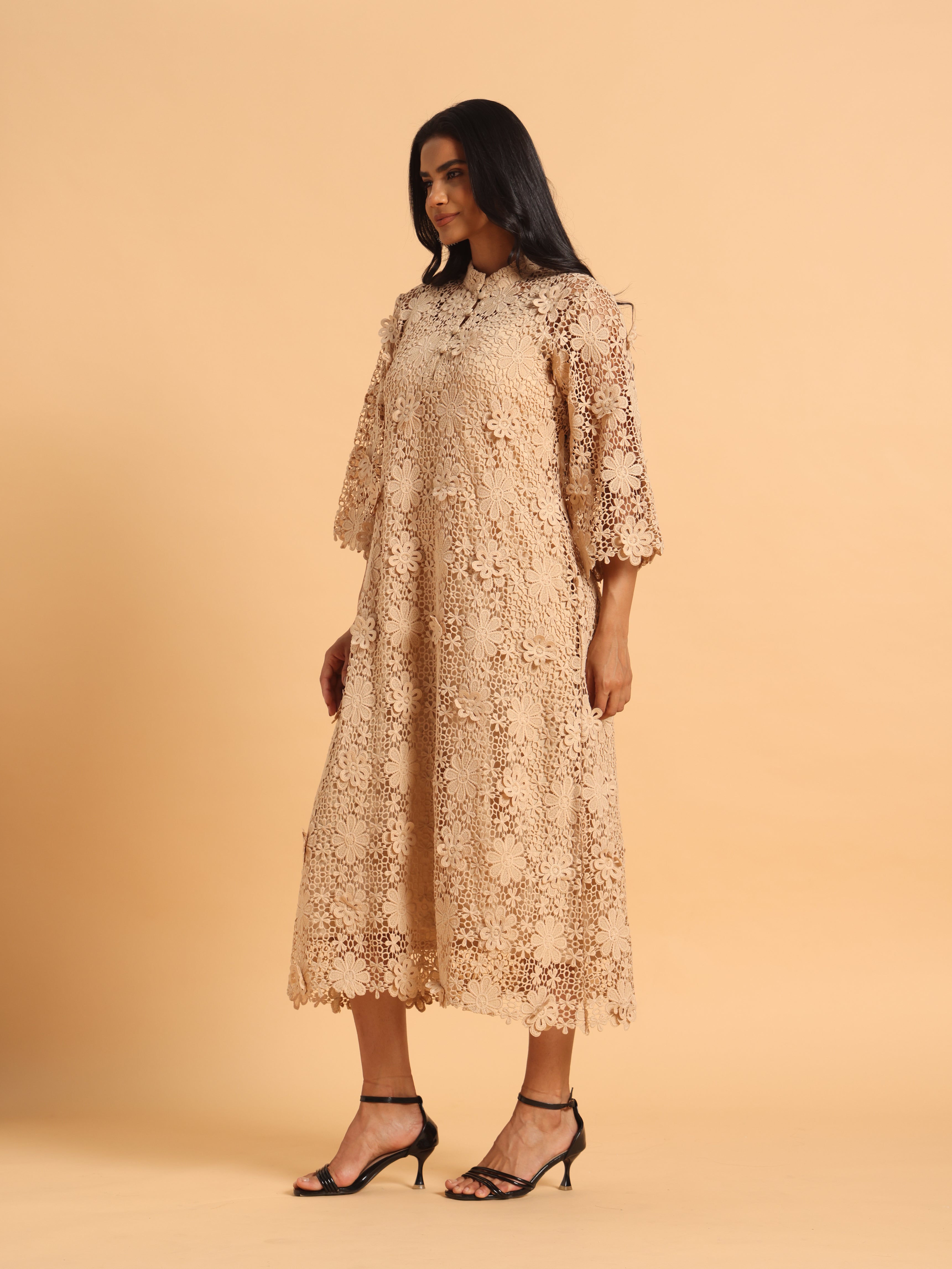 Beige 3D schiffli dress
