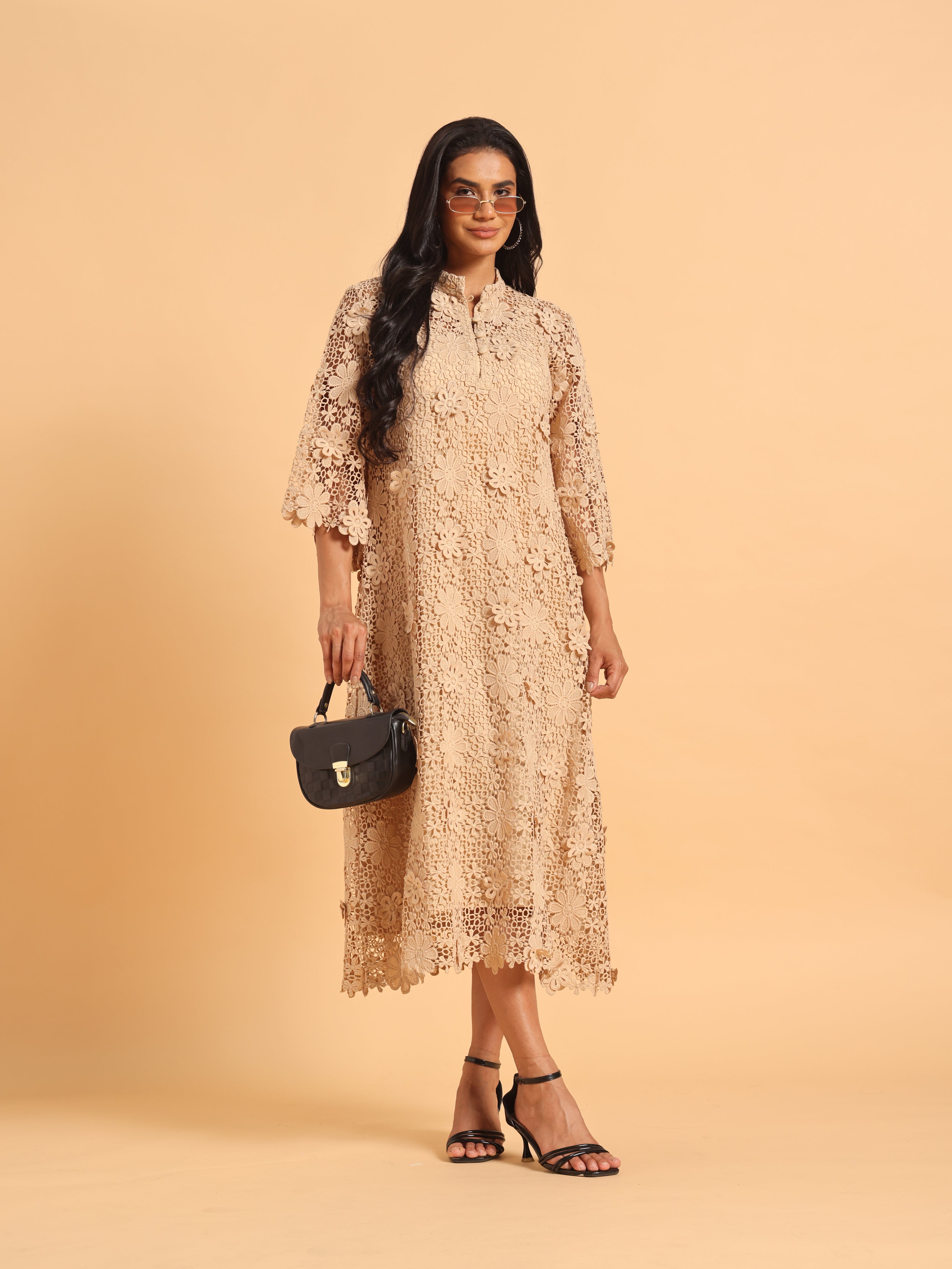 Beige 3D schiffli dress
