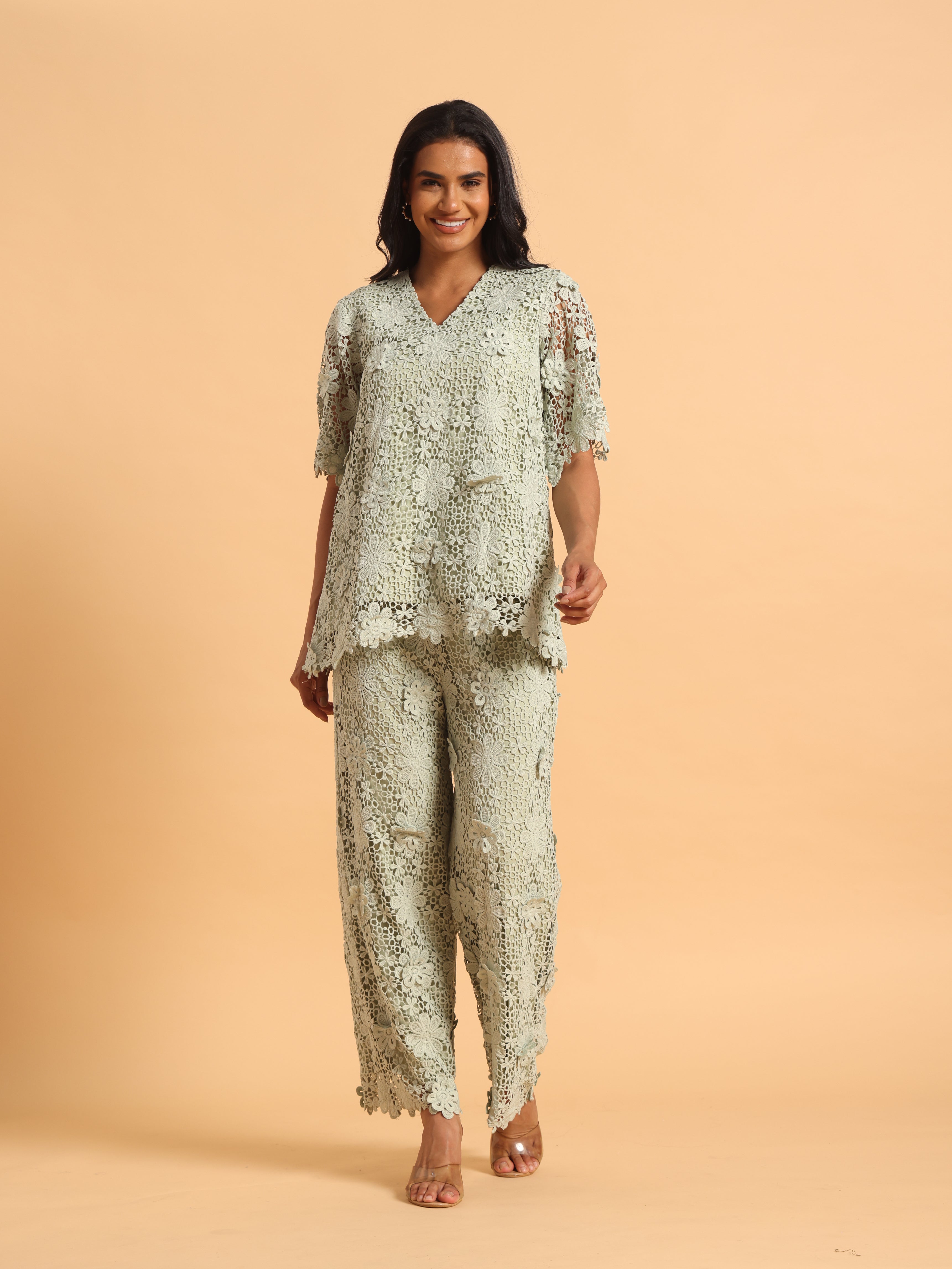Sage green 3D schiffli coord set
