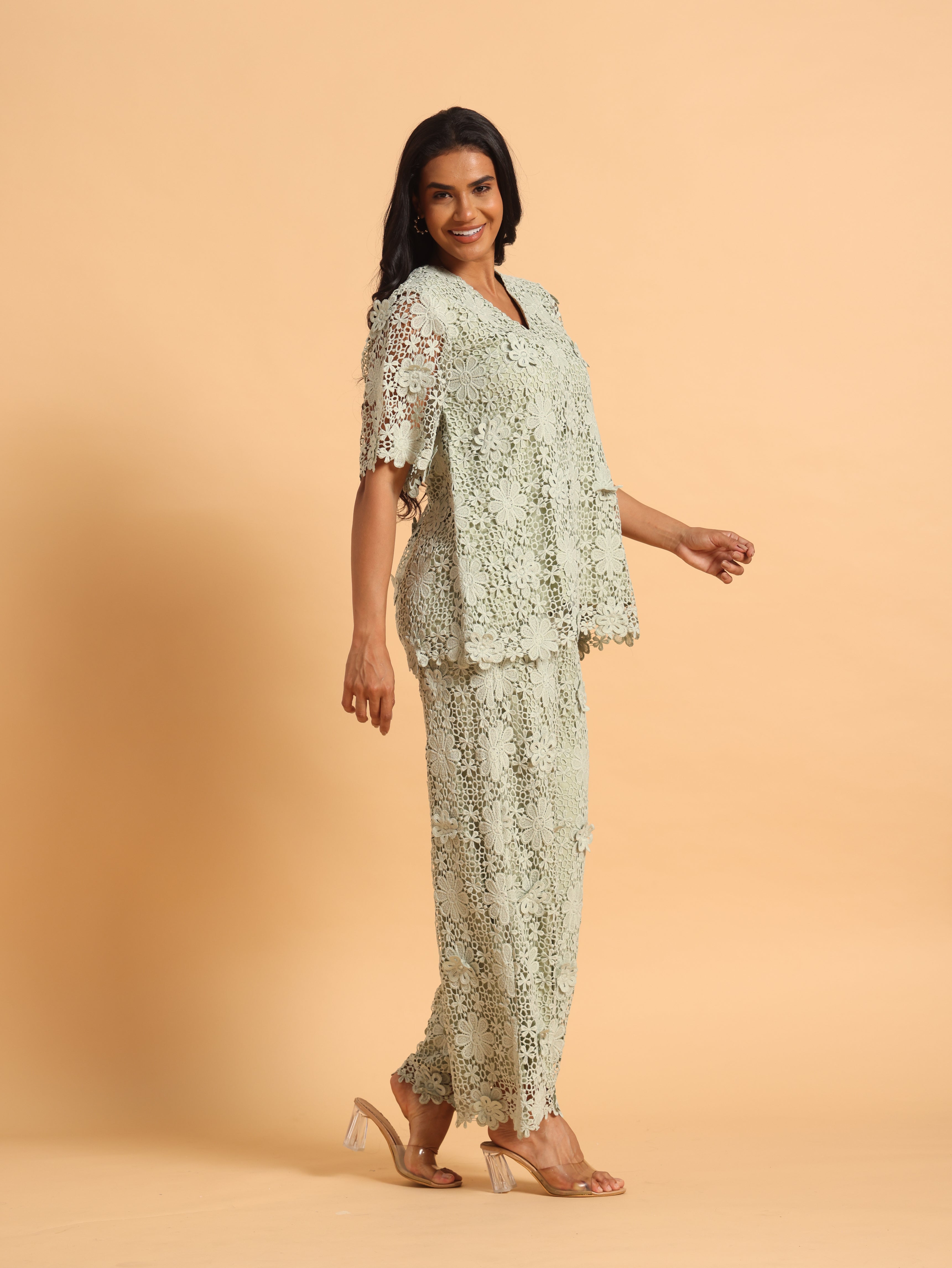 Sage green 3D schiffli coord set