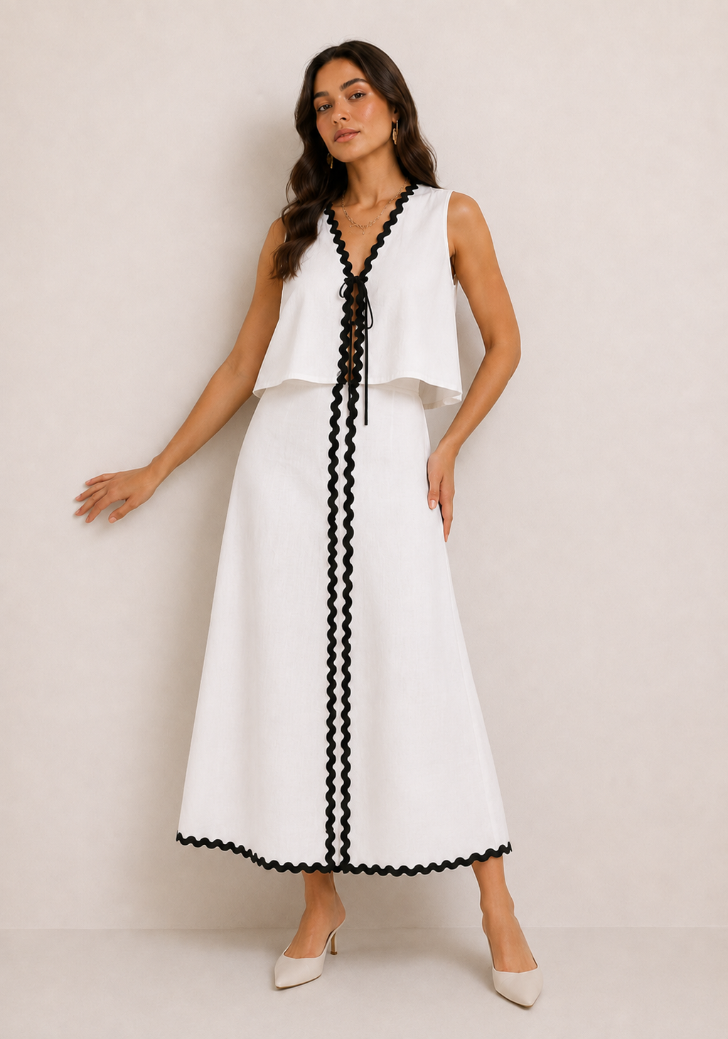 White A- line midi skirt set