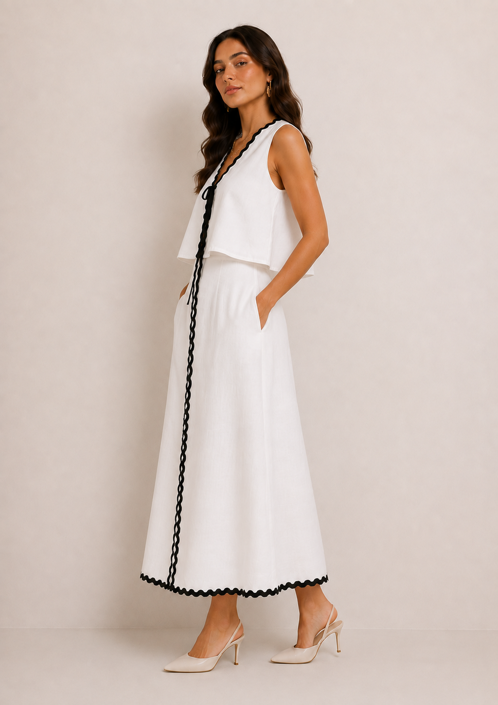 White A- line midi skirt set