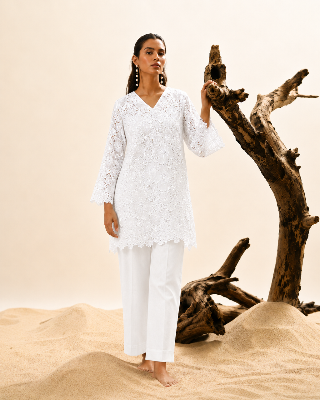 White sequins schiffli coord set