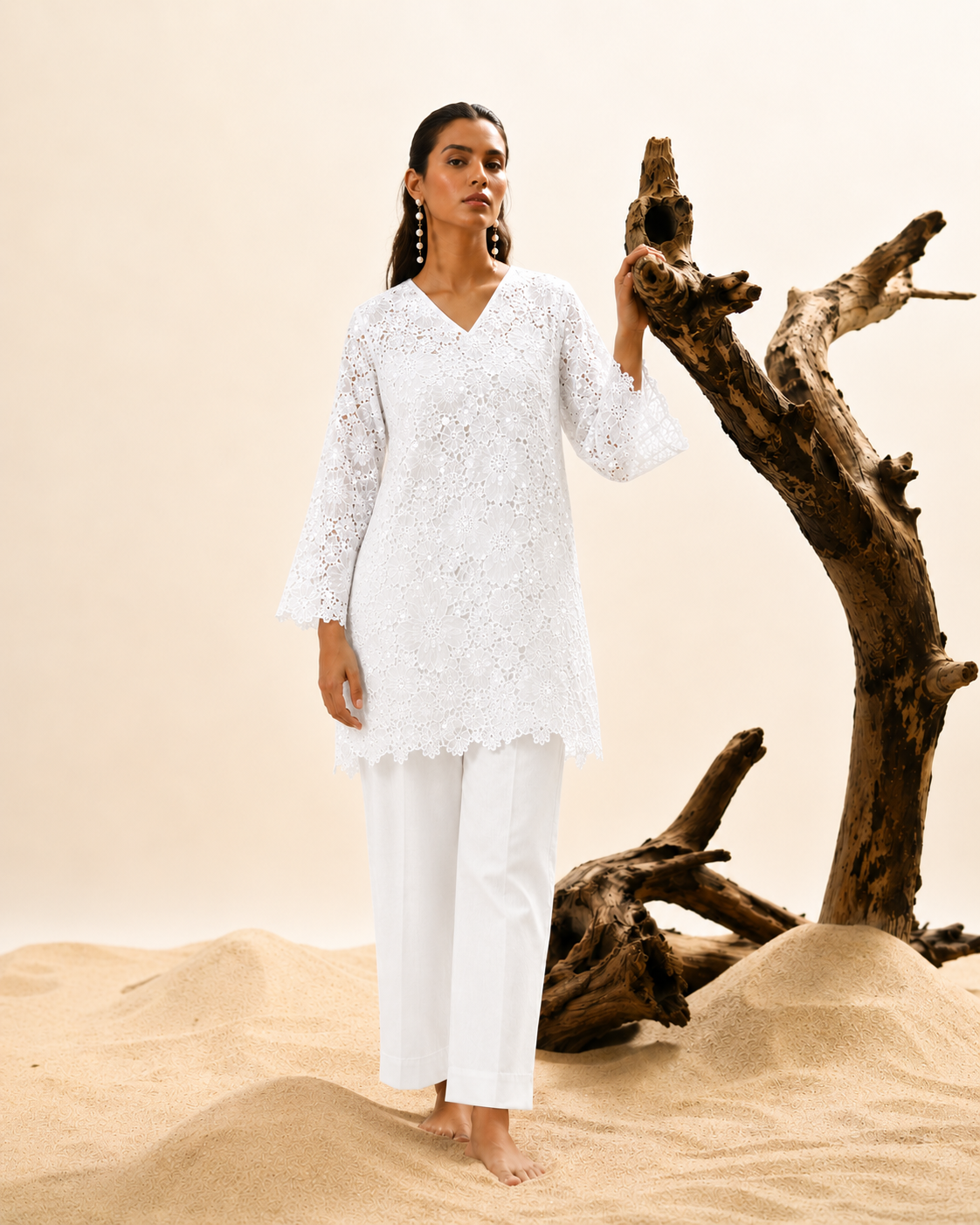 White sequins schiffli coord set
