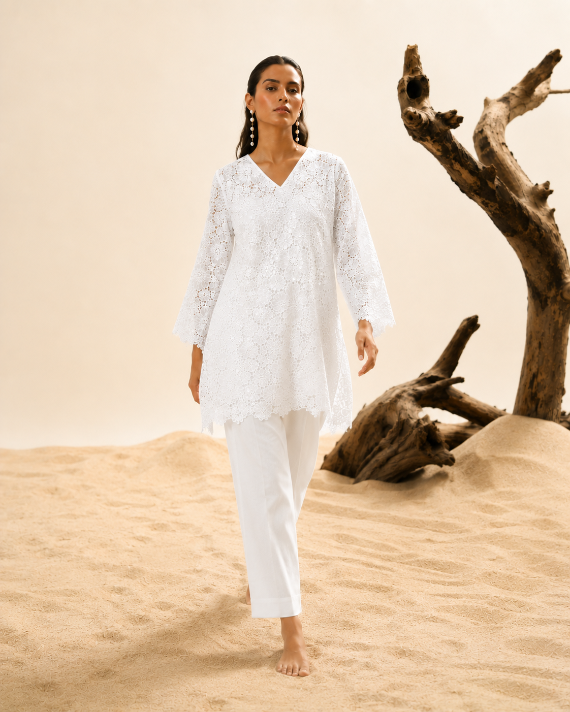 White sequins schiffli coord set