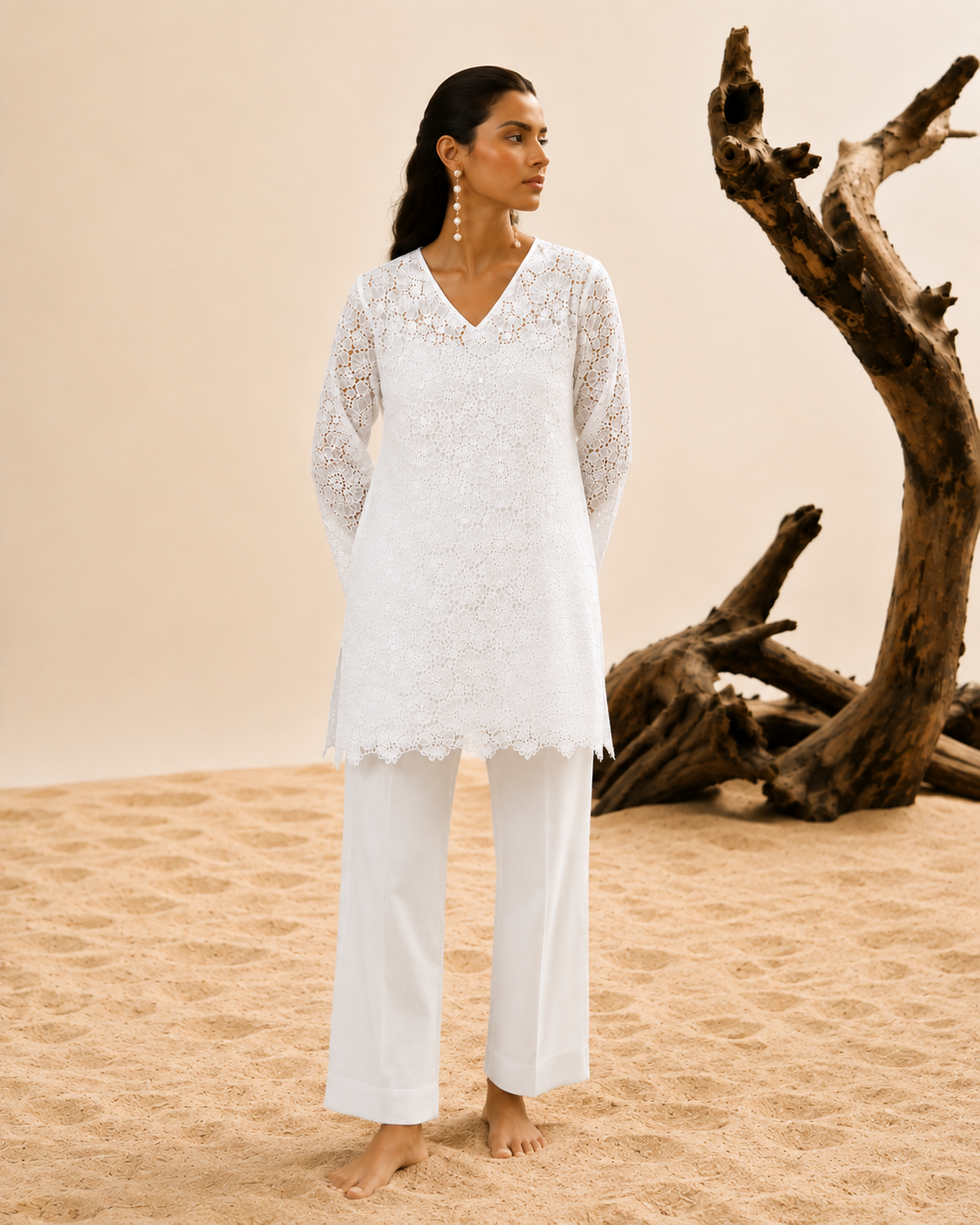 White sequins schiffli coord set