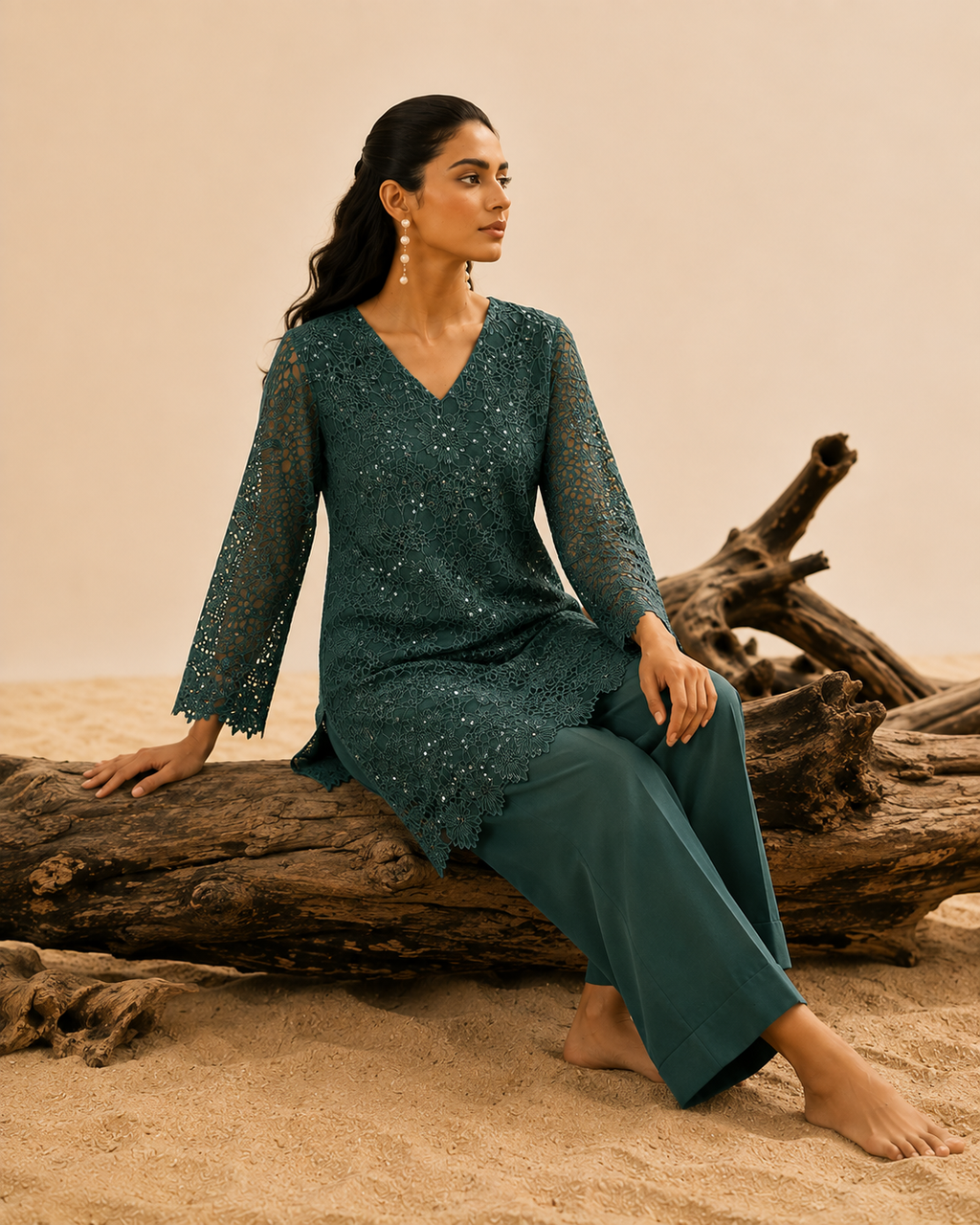 Emerald green sequins schiffli coord set