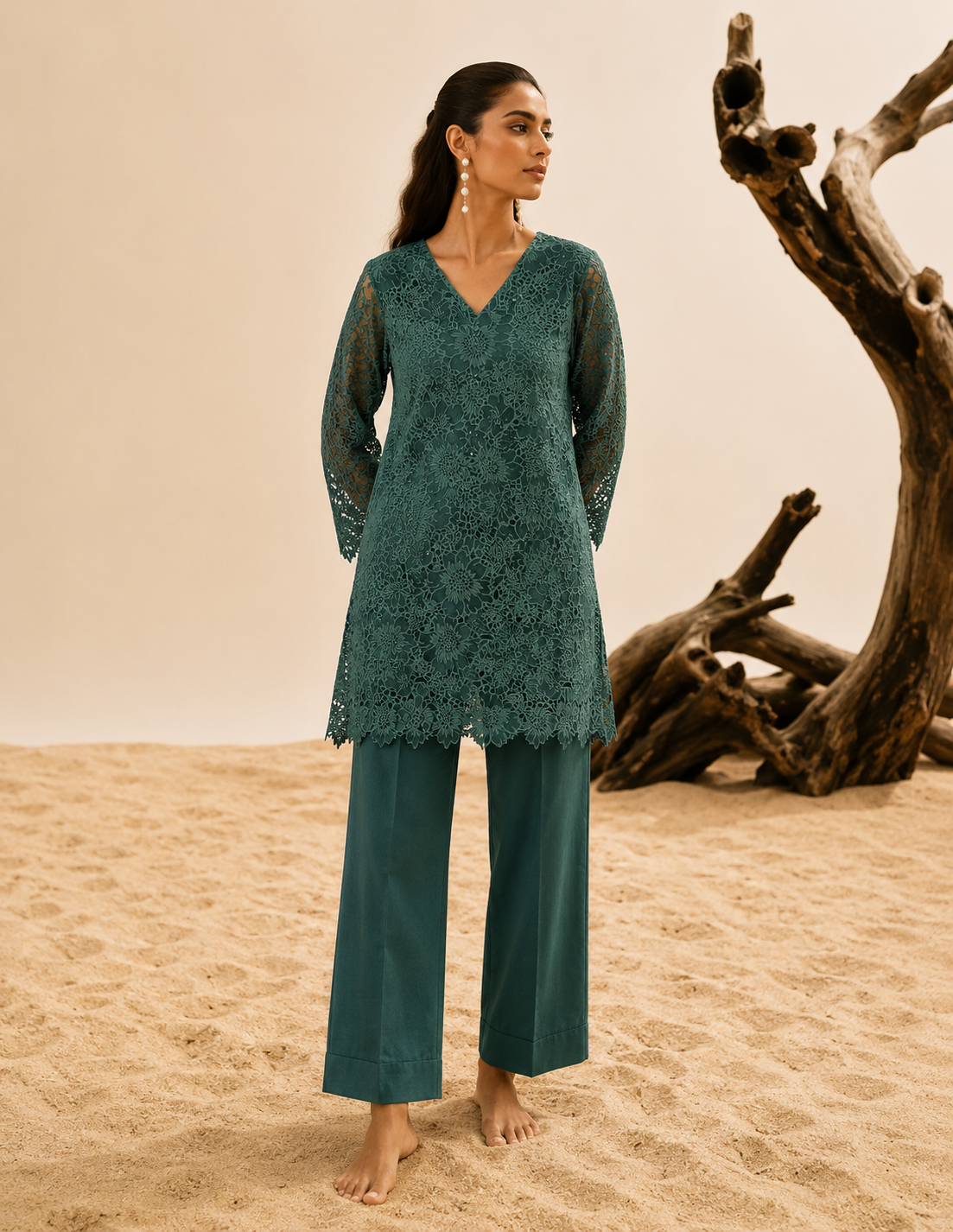 Emerald green sequins schiffli coord set