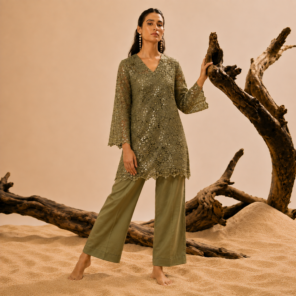 Olive green sequins schiffli coord set
