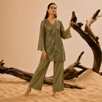 Olive green sequins schiffli coord set