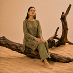 Olive green sequins schiffli coord set