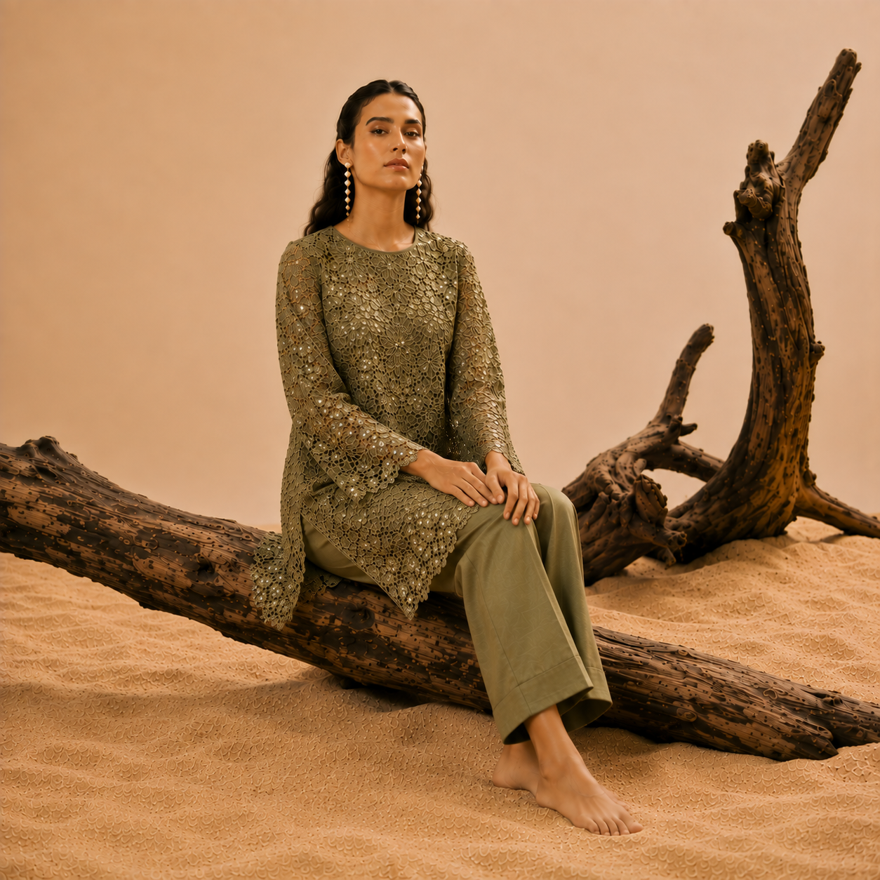 Olive green sequins schiffli coord set