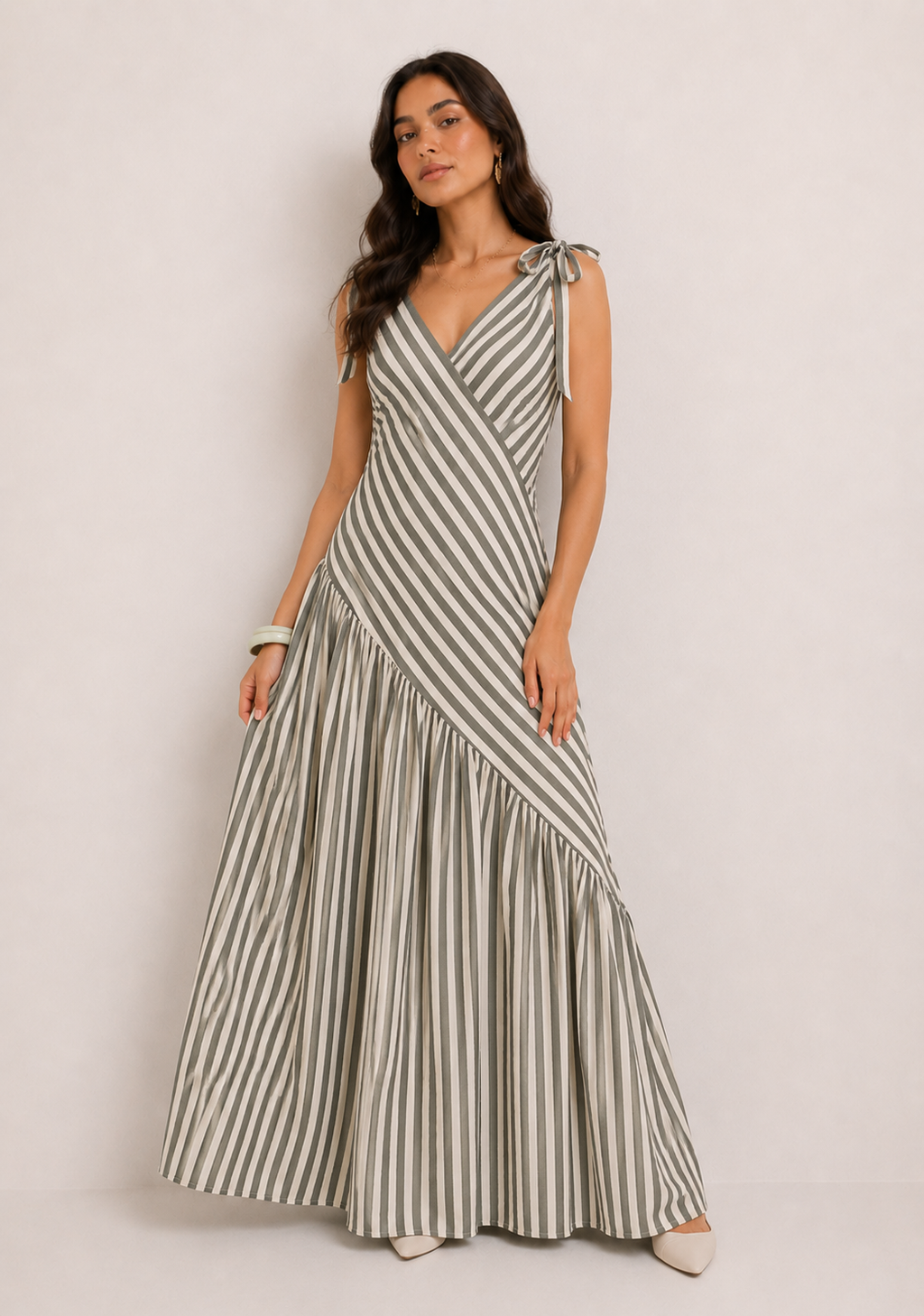 White and grey striped maxi dress