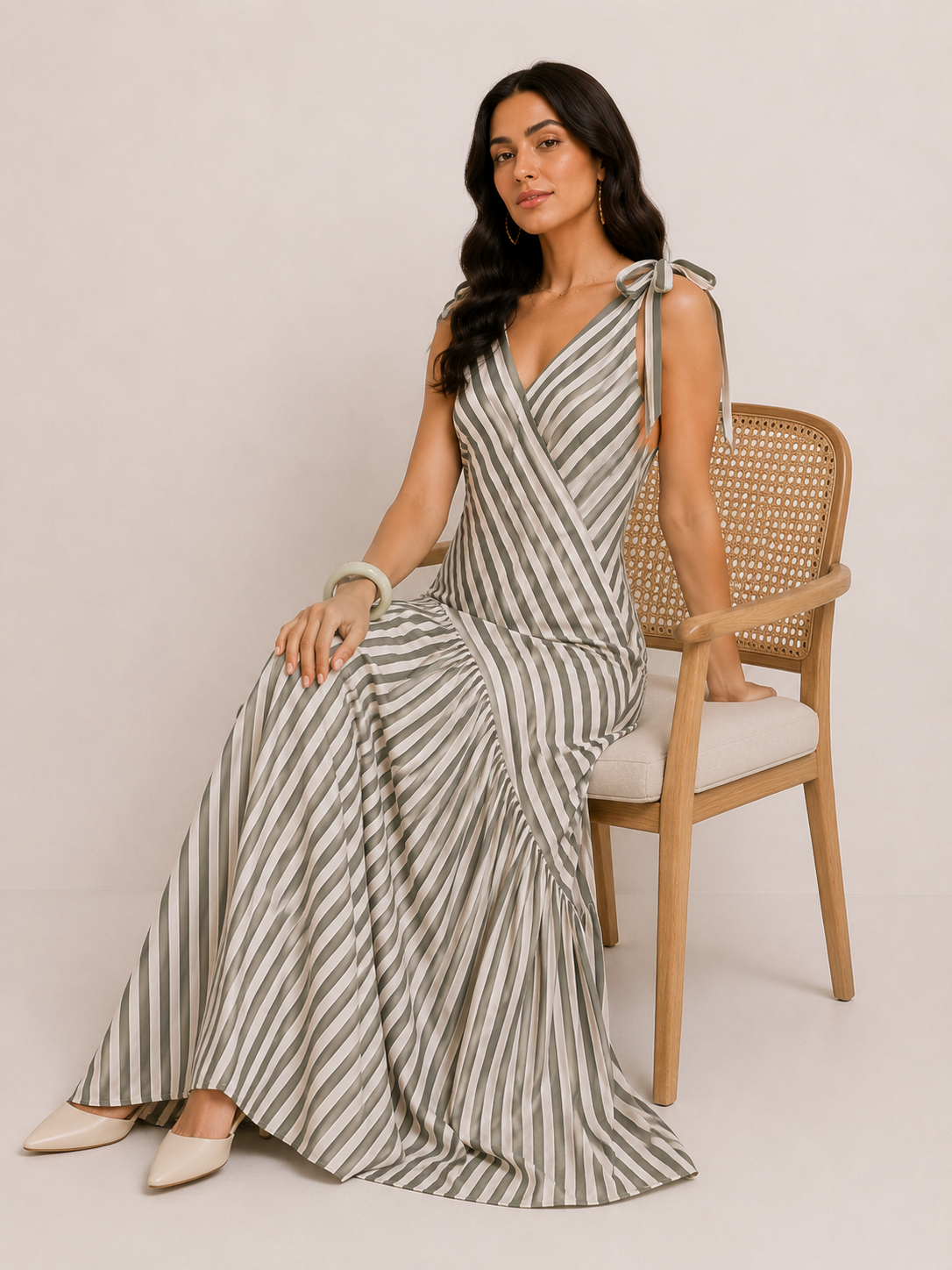 White and grey striped maxi dress