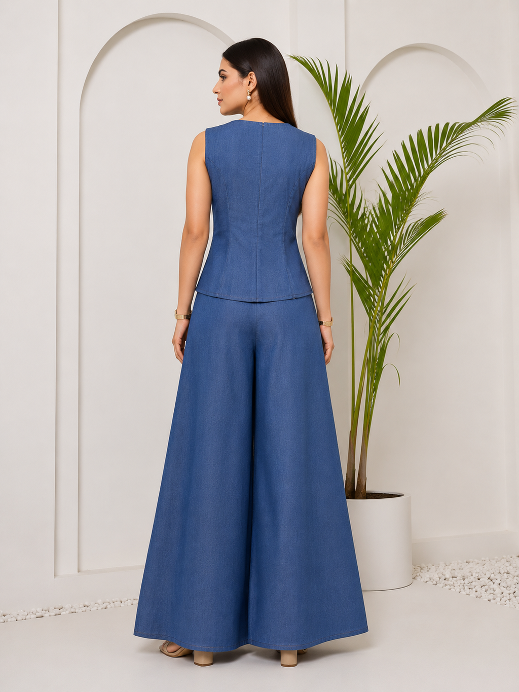 Blue denim vest and straight trouser set