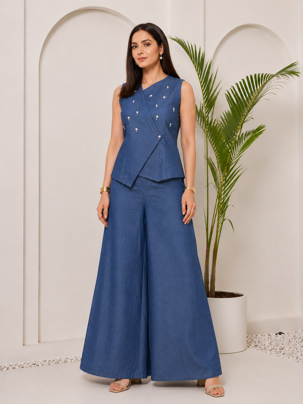 Blue denim vest and straight trouser set