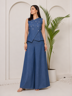 Blue denim vest and straight trouser set