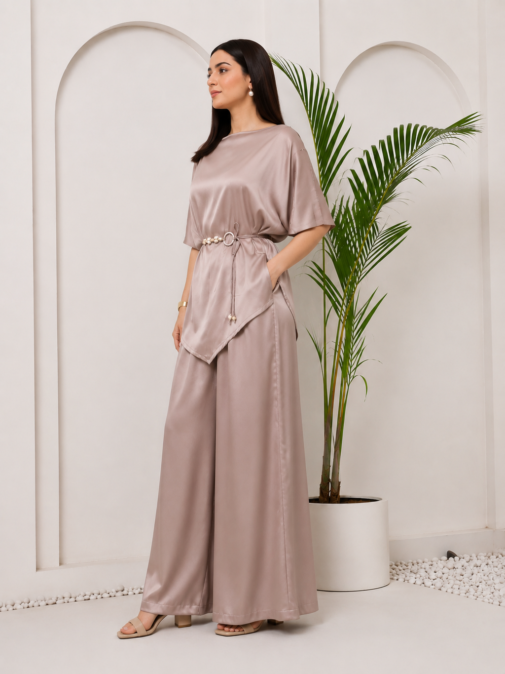 Dusty Rose satin coord set with potli bag