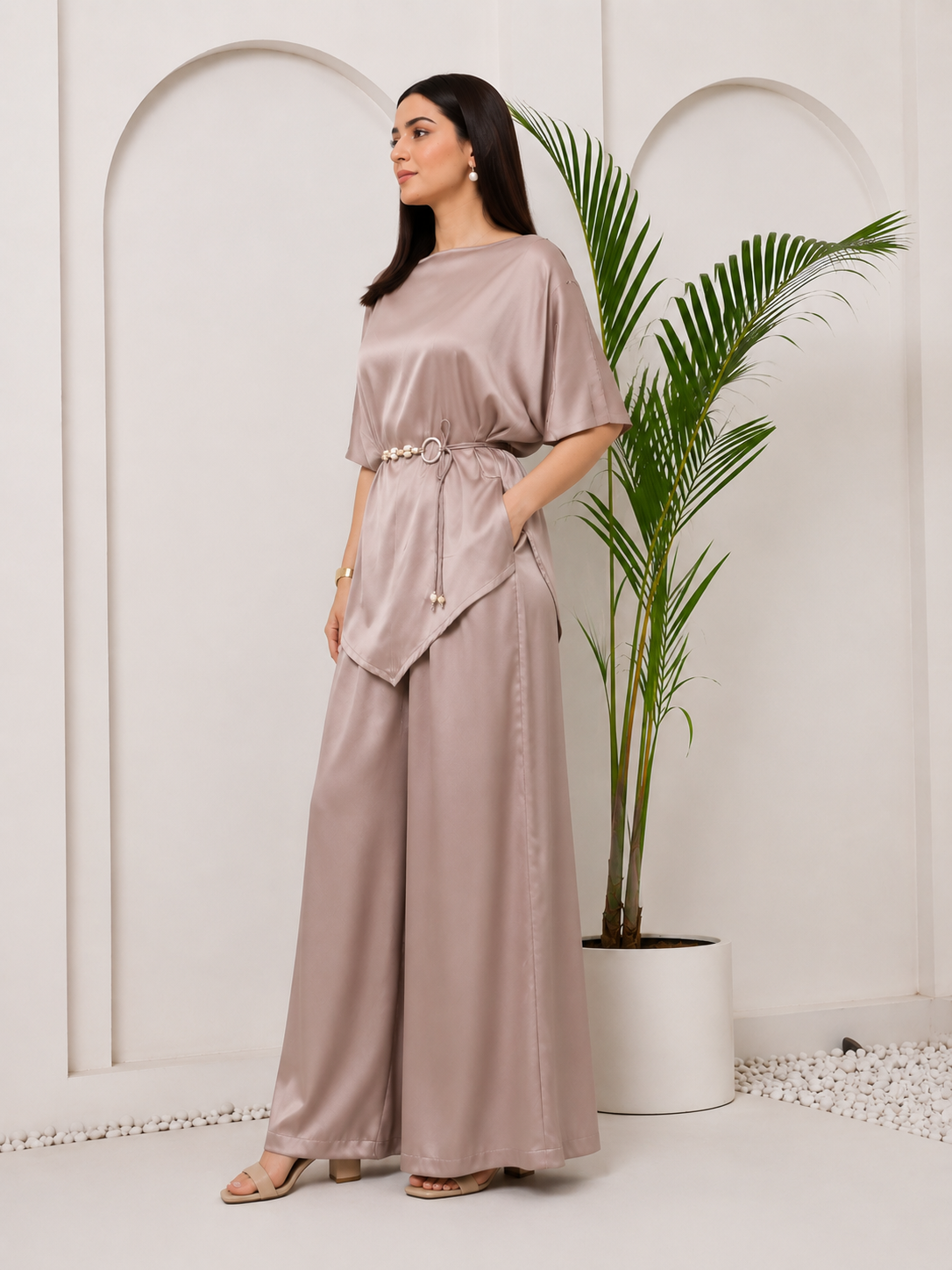 Dusty Rose satin coord set with potli bag