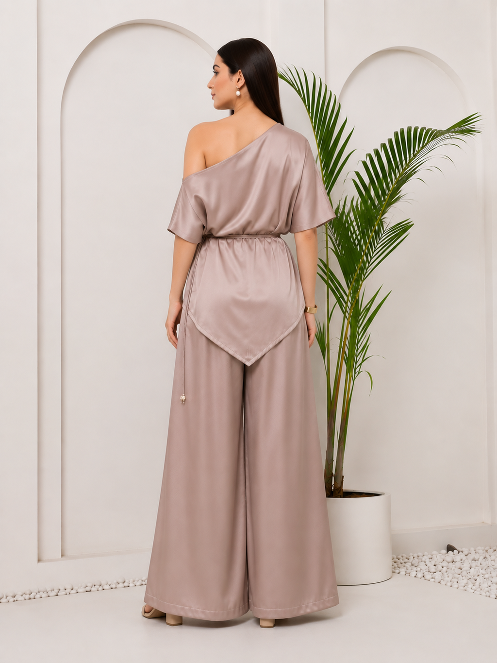 Dusty Rose satin coord set with potli bag