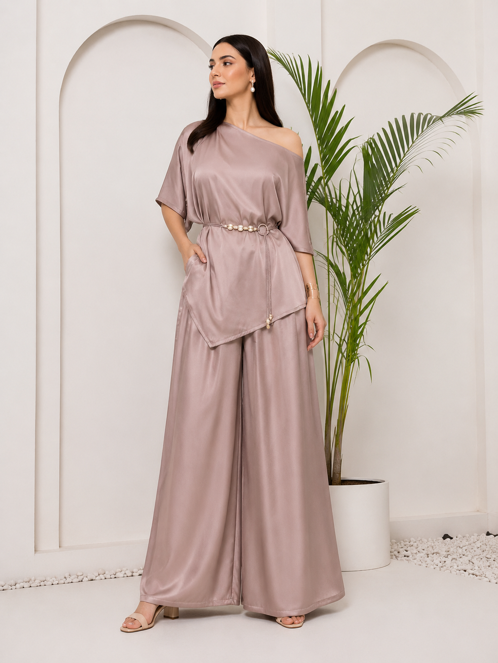 Dusty Rose satin coord set with potli bag