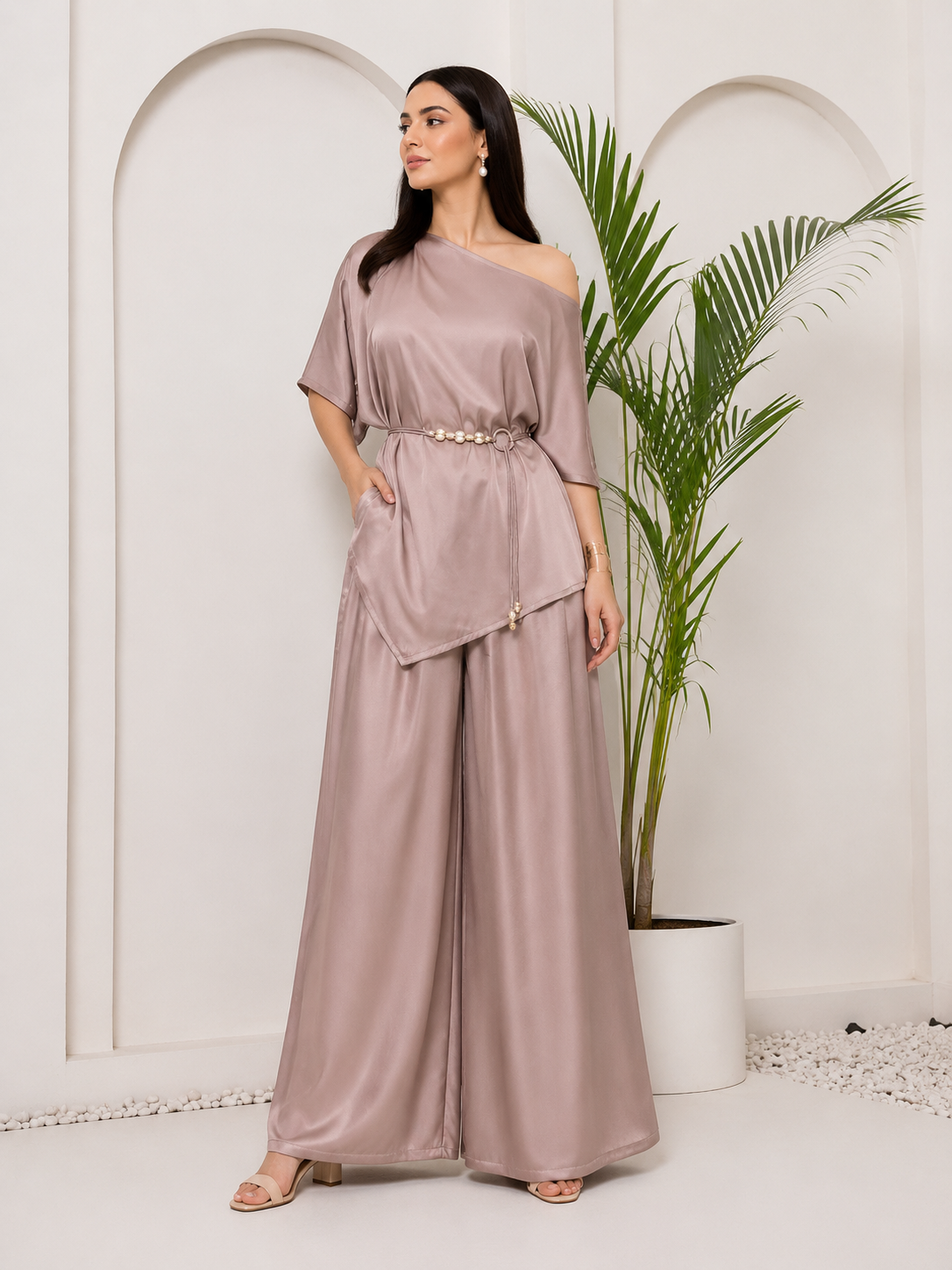 Dusty Rose satin coord set with potli bag