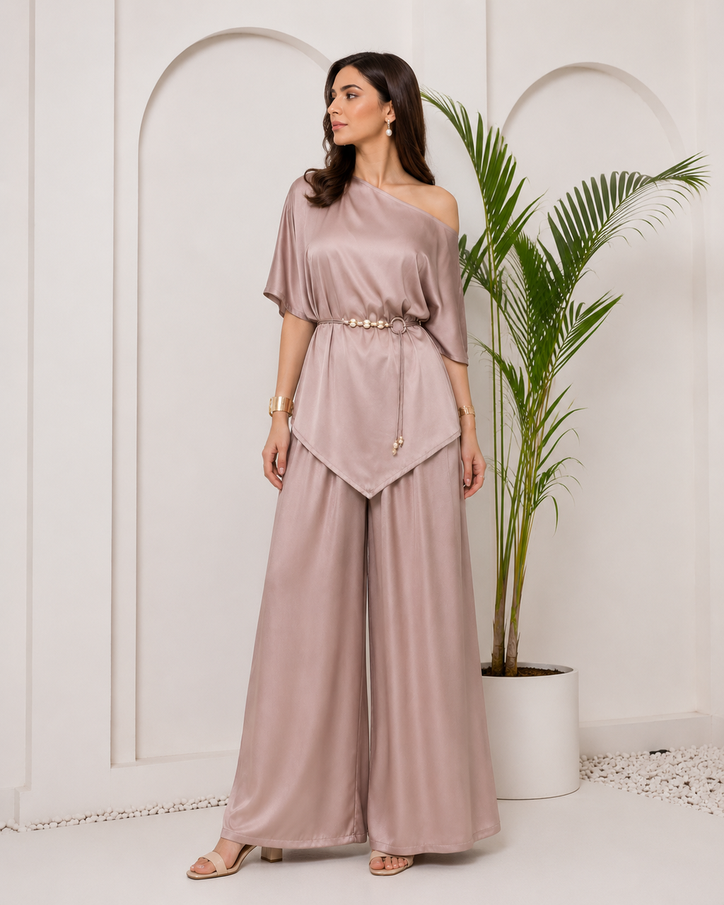 Dusty Rose satin coord set with potli bag