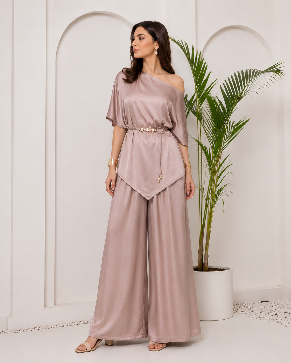 Dusty Rose satin coord set with potli bag