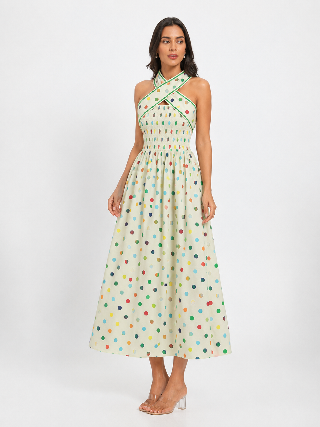 Multicolor polka dot halter dress