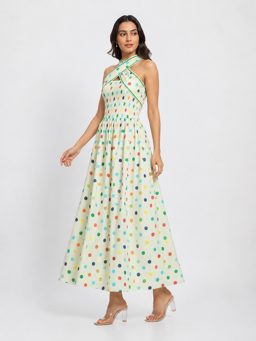 Multicolor polka dot halter dress