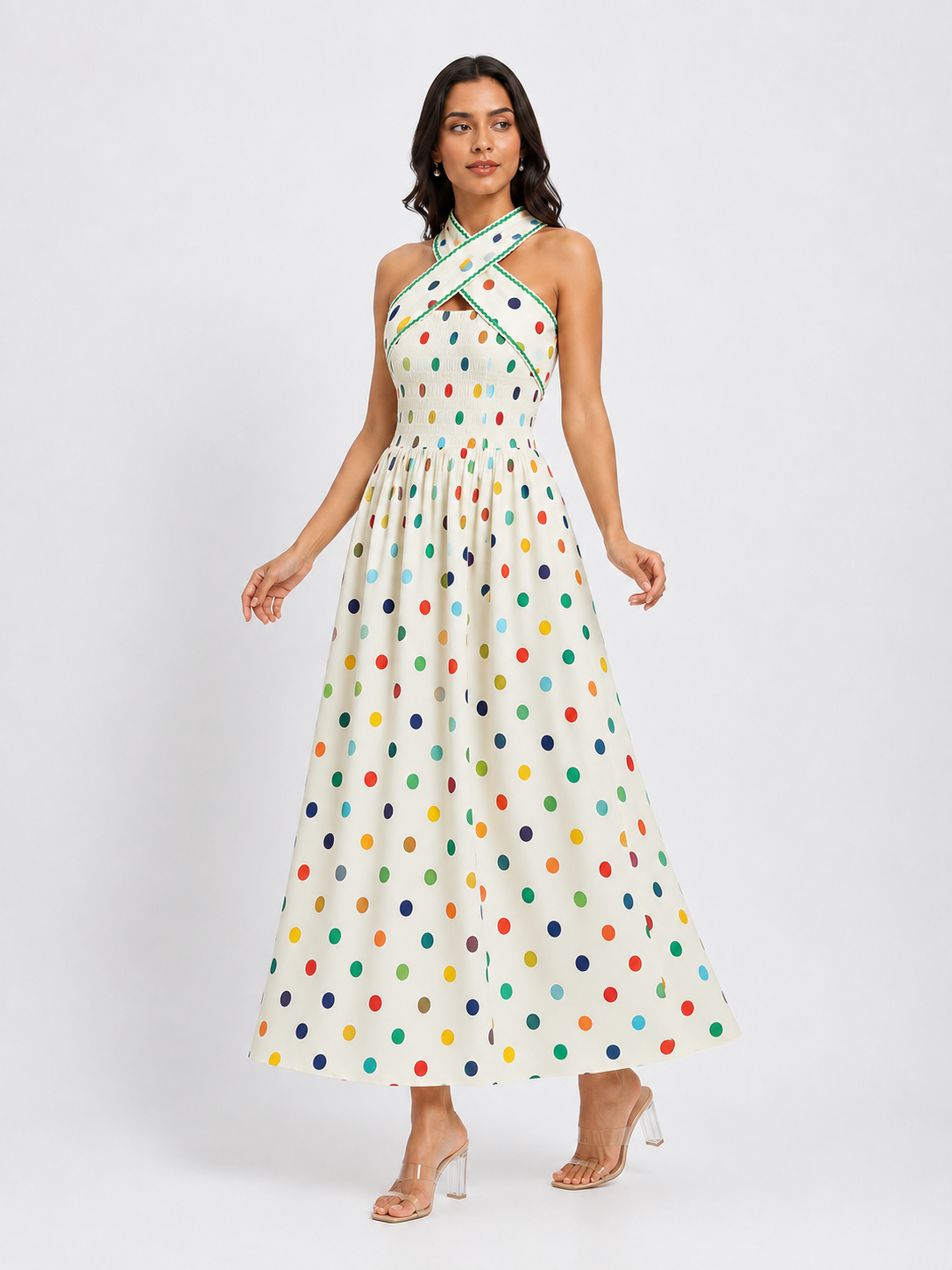 Multicolor polka dot halter dress