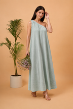 Sage green one shoulder maxi dress with bag
