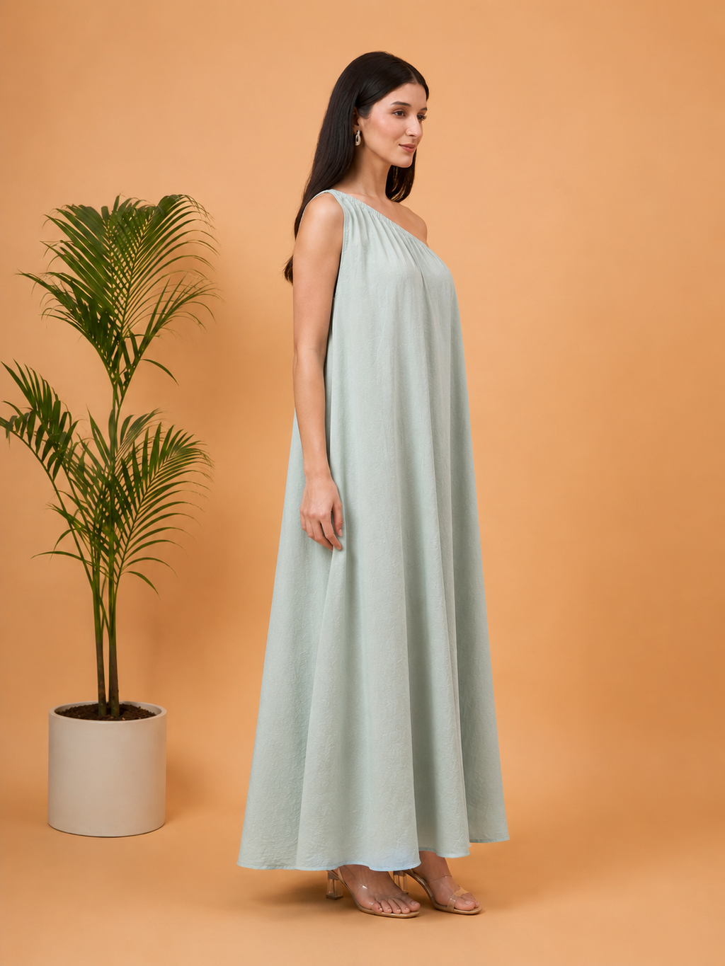 Sage green one shoulder maxi dress with bag