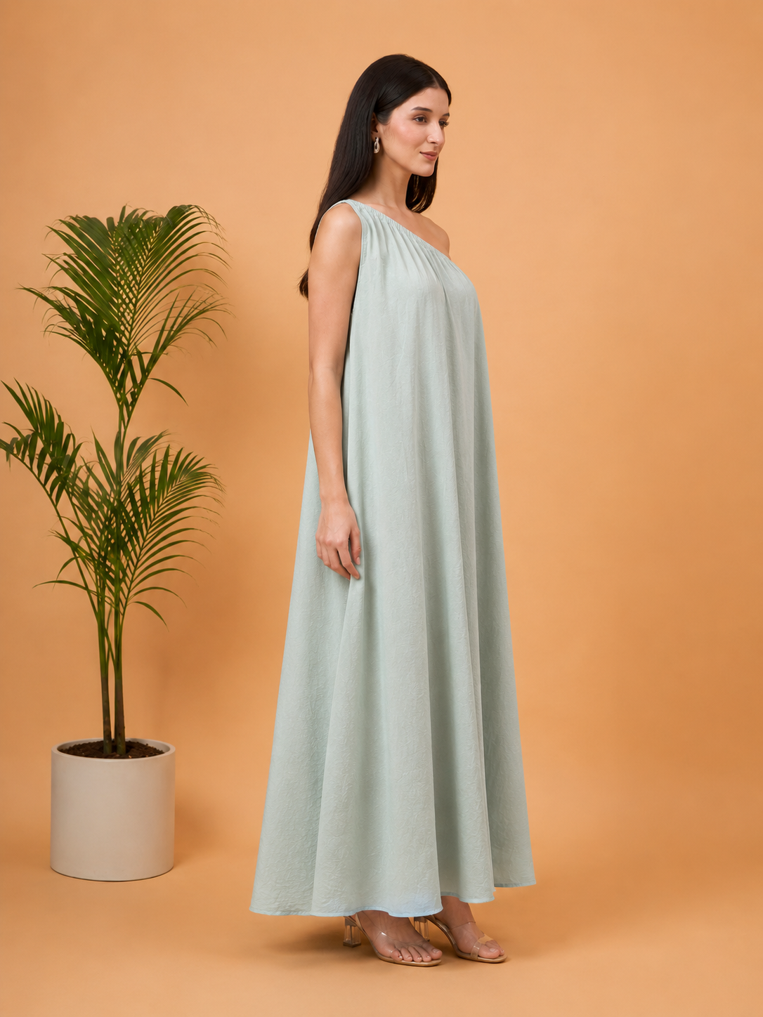 Sage green one shoulder maxi dress with bag