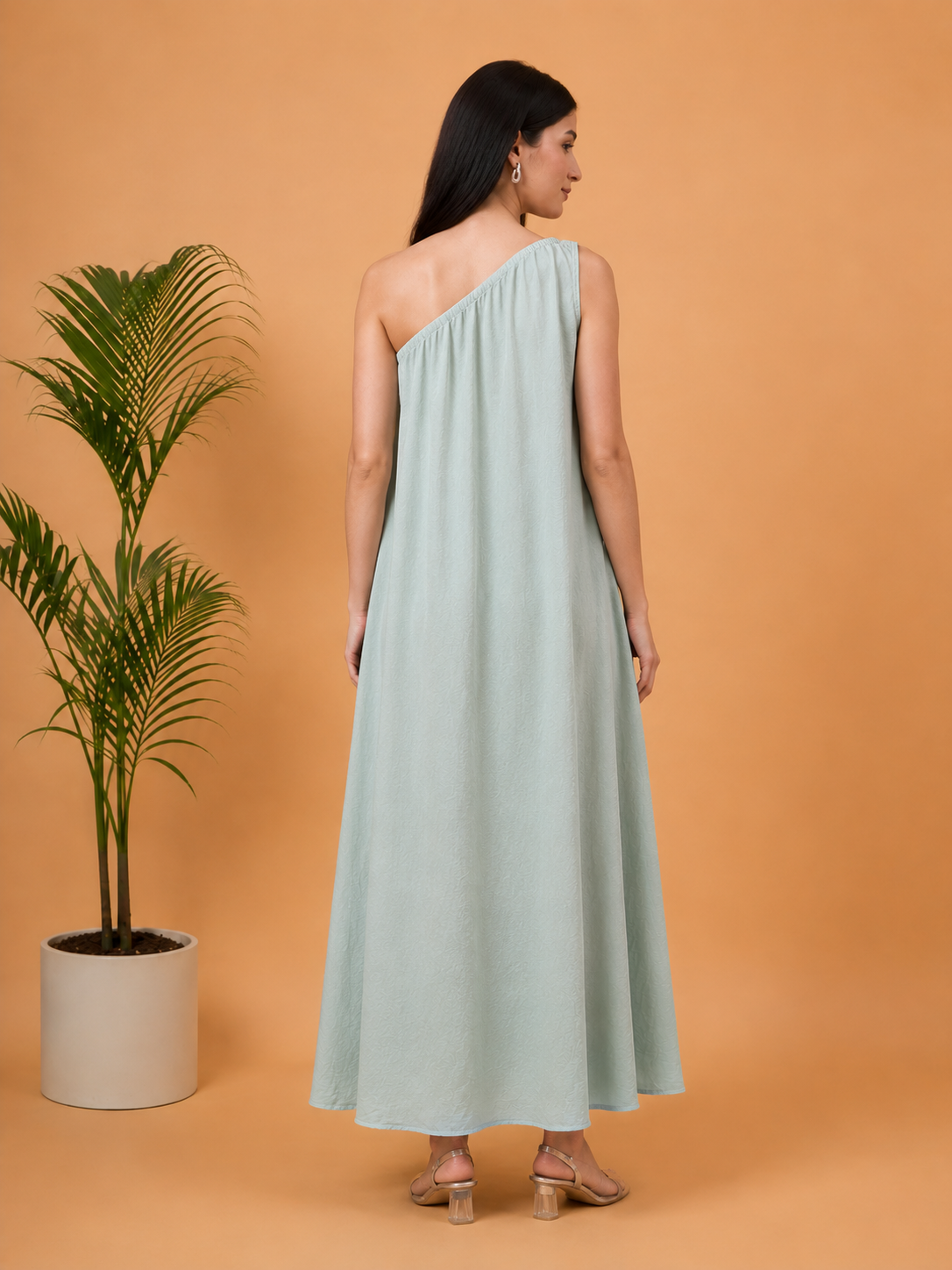 Sage green one shoulder maxi dress with bag