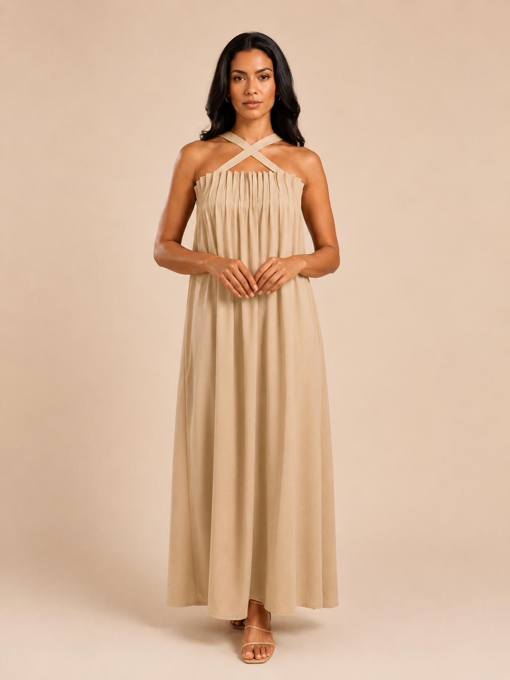Beige tie strap maxi dress