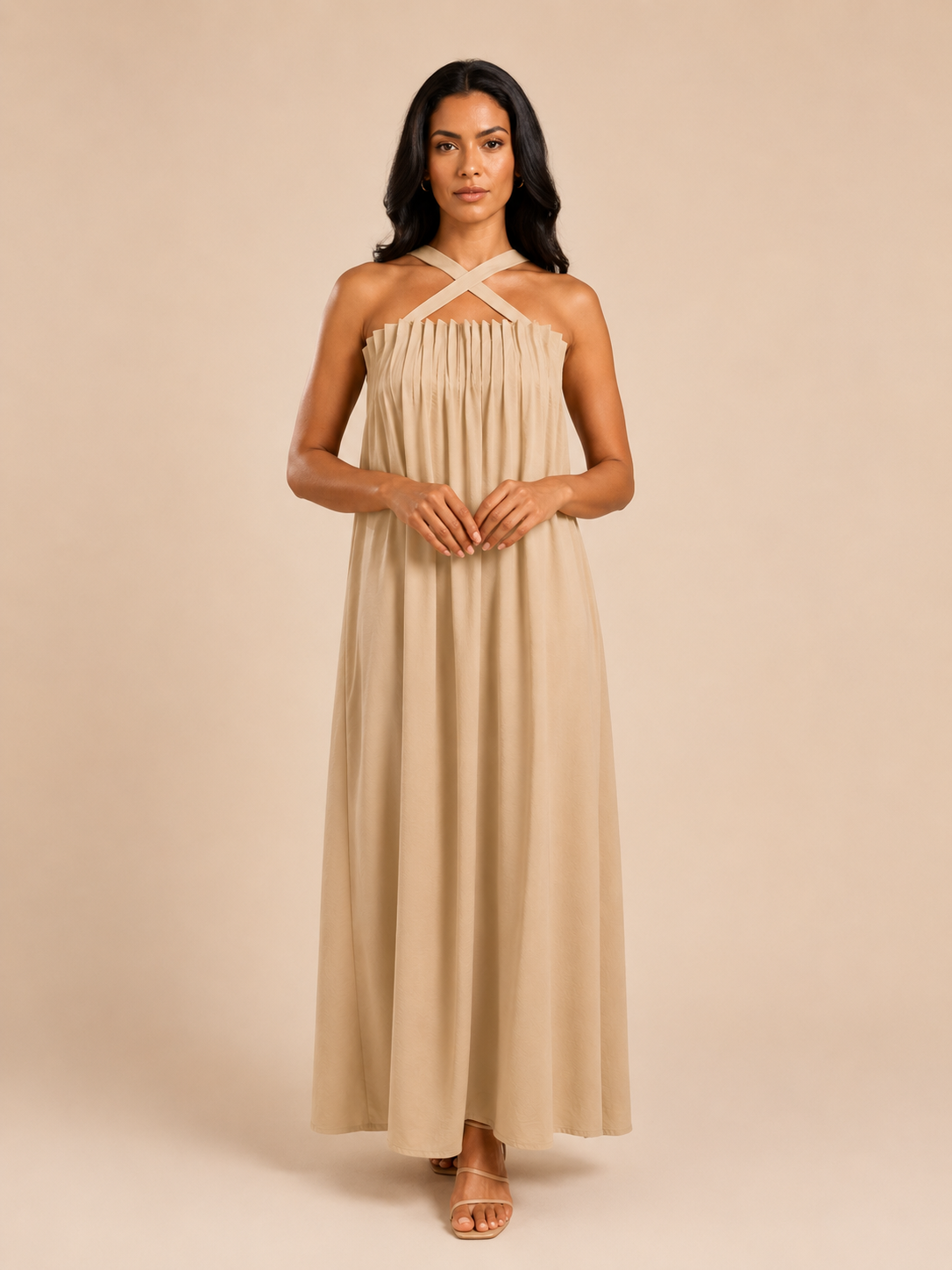 Beige tie strap maxi dress