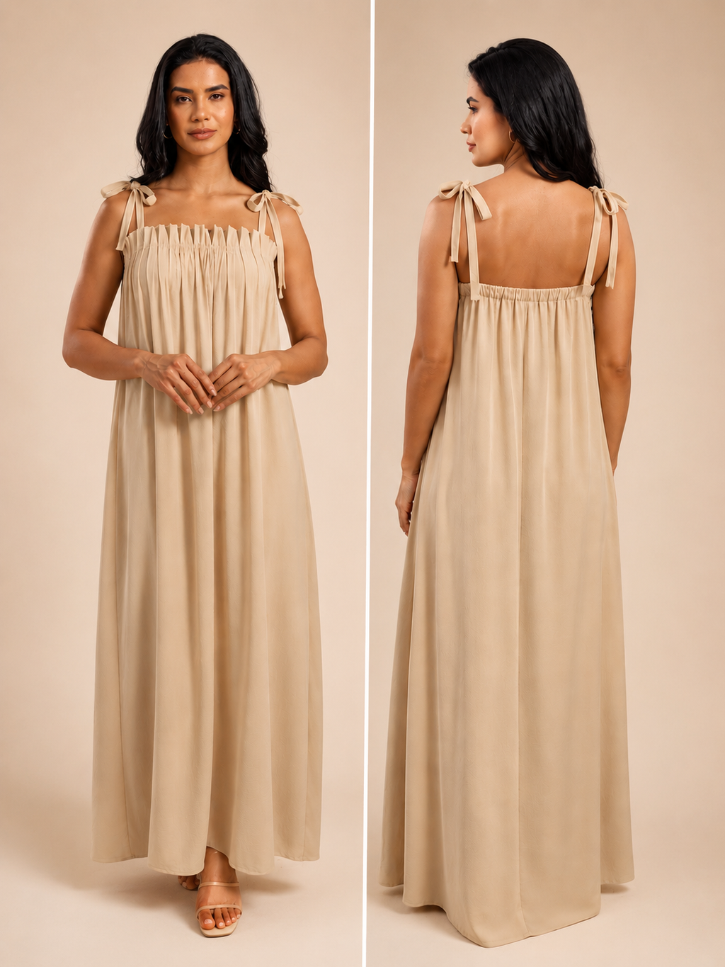 Beige tie strap maxi dress