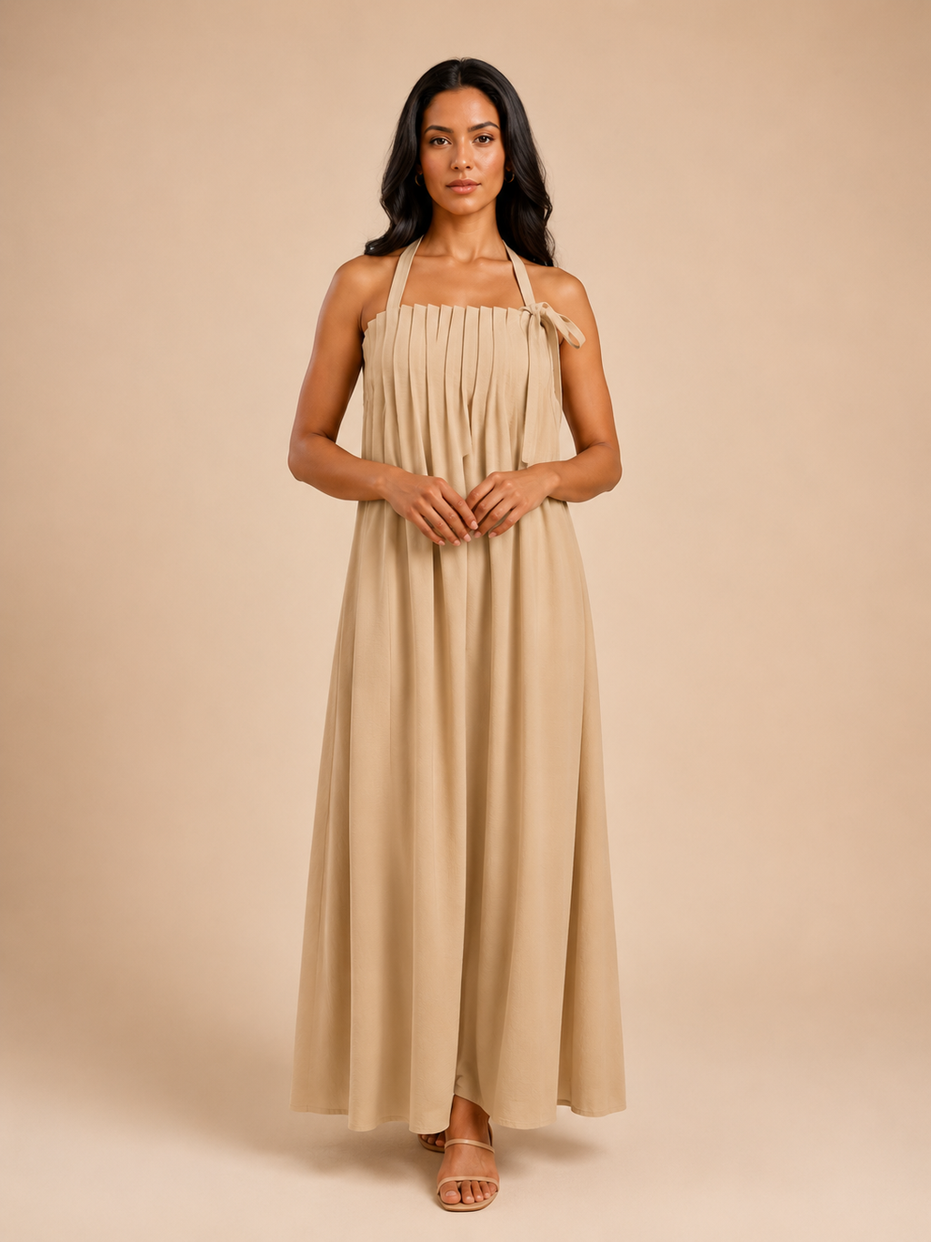 Beige tie strap maxi dress