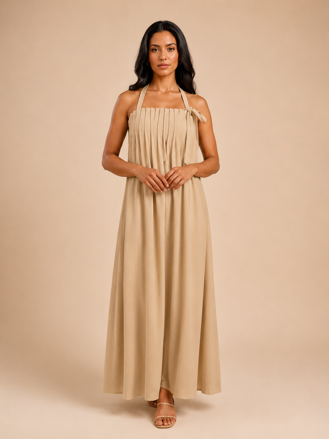 Beige tie strap maxi dress